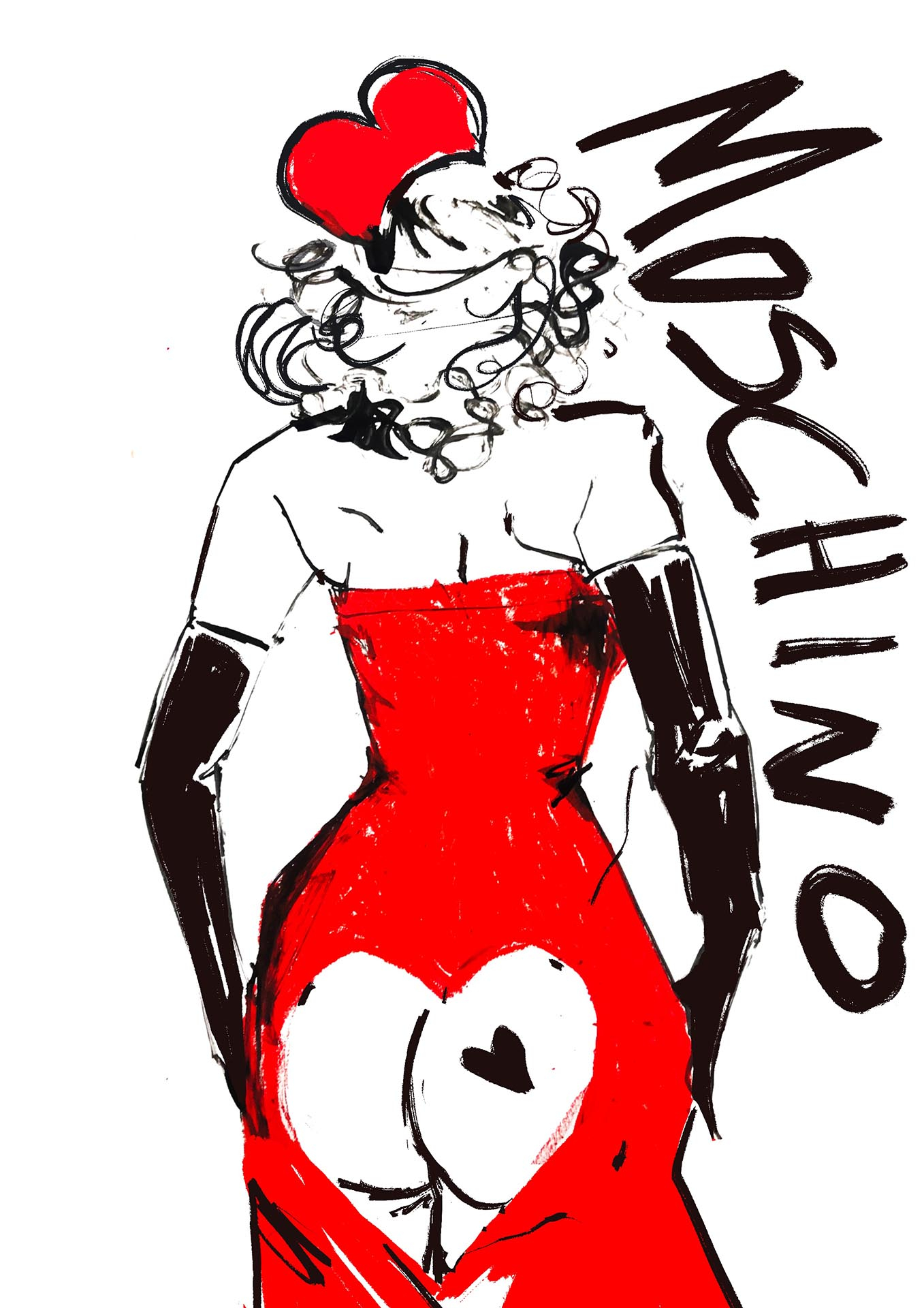 fashion Illustration, Moschino 'Jungle Red' Autumn Winter 2021, Woman facing away in a red strapless gown with heart shaped cut out over her buttocks. 