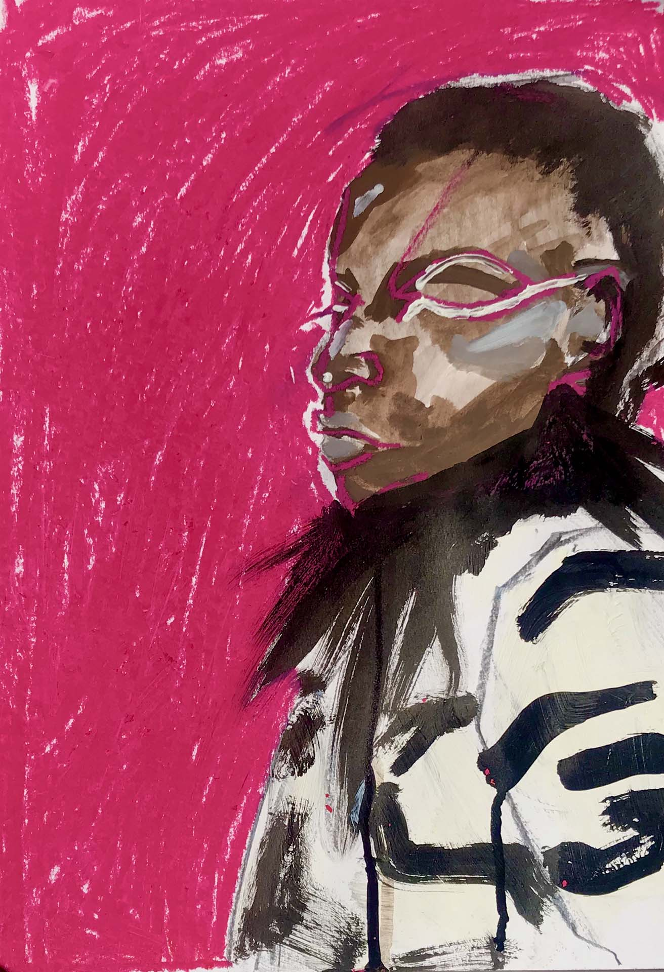 fashion Illustration, Moschino 'Jungle Red' Autumn Winter 2021, Woman in profile wearing a zebra print coat with black fur trim