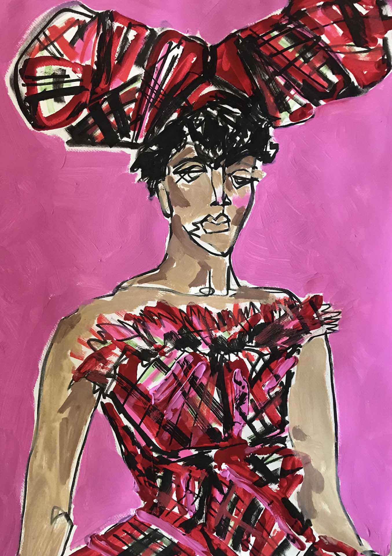 Fashion Illustration, Vivienne Westwood's 'Anglomania', model wears a strapless tartan dress with a tartan hat in front of a pink background 