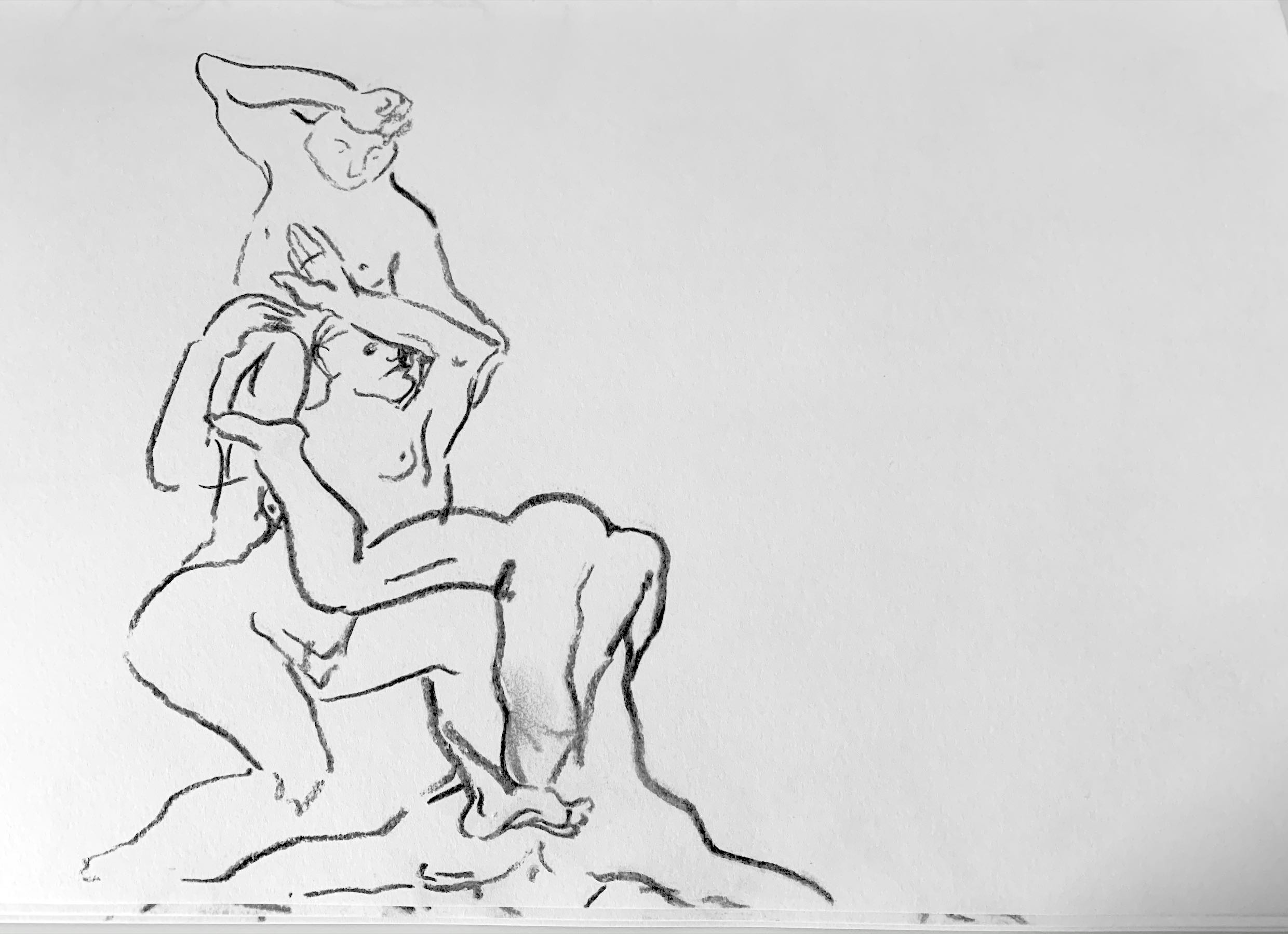 a charcoal drawing of three intertwined bodies
