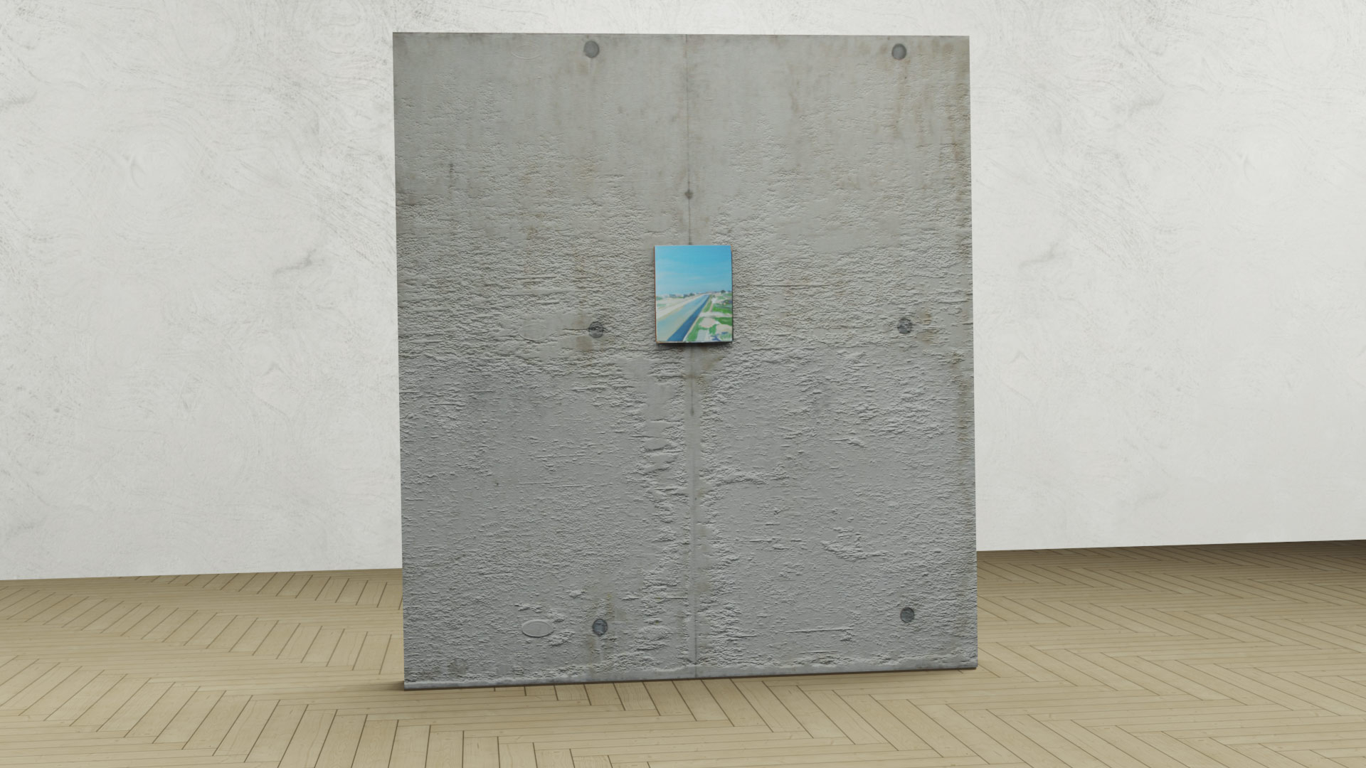 Image of a concrete block with a painting in the middle.