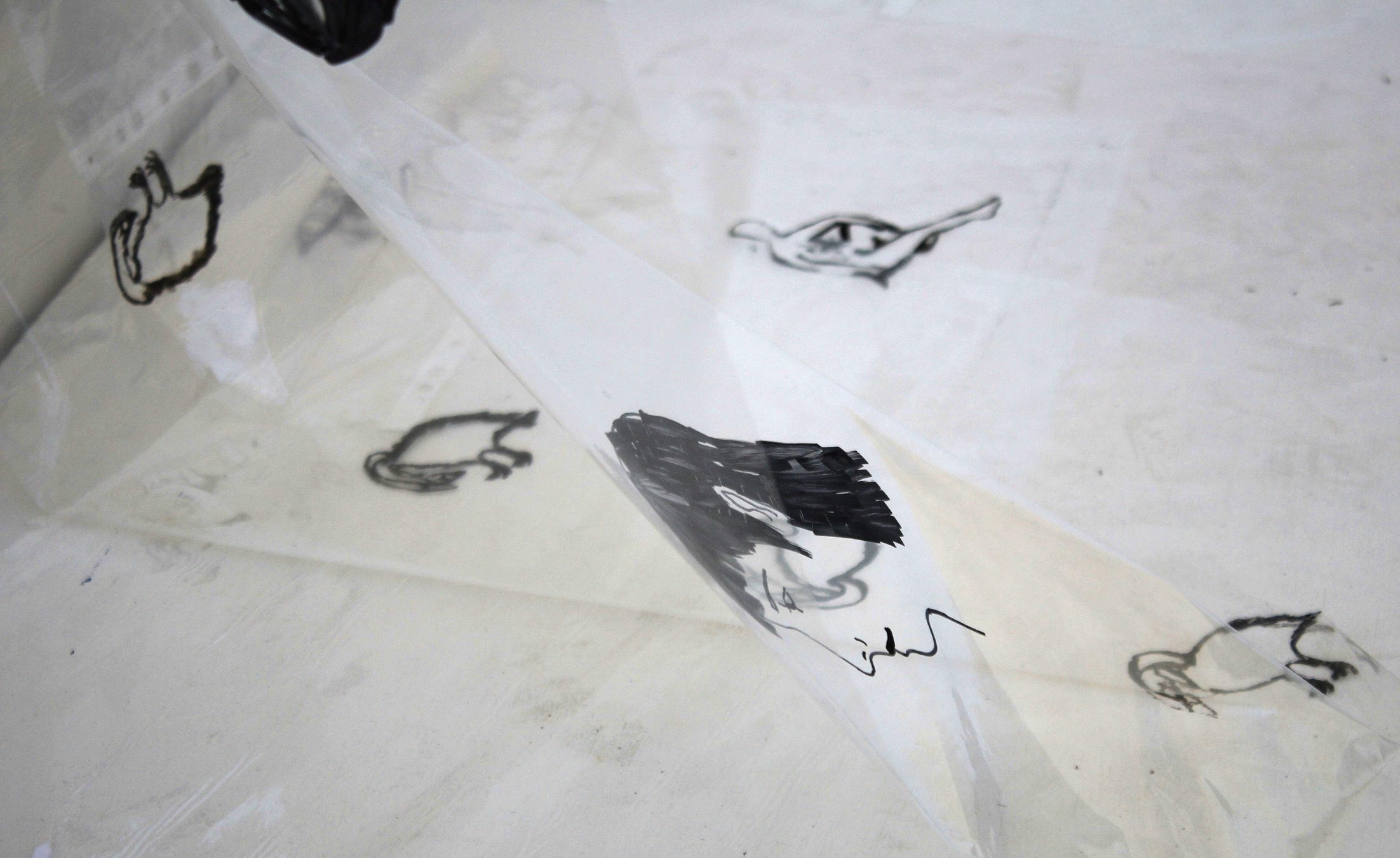 close up of an ink drawing of a face on a sheet of acetate moving in a breeze 