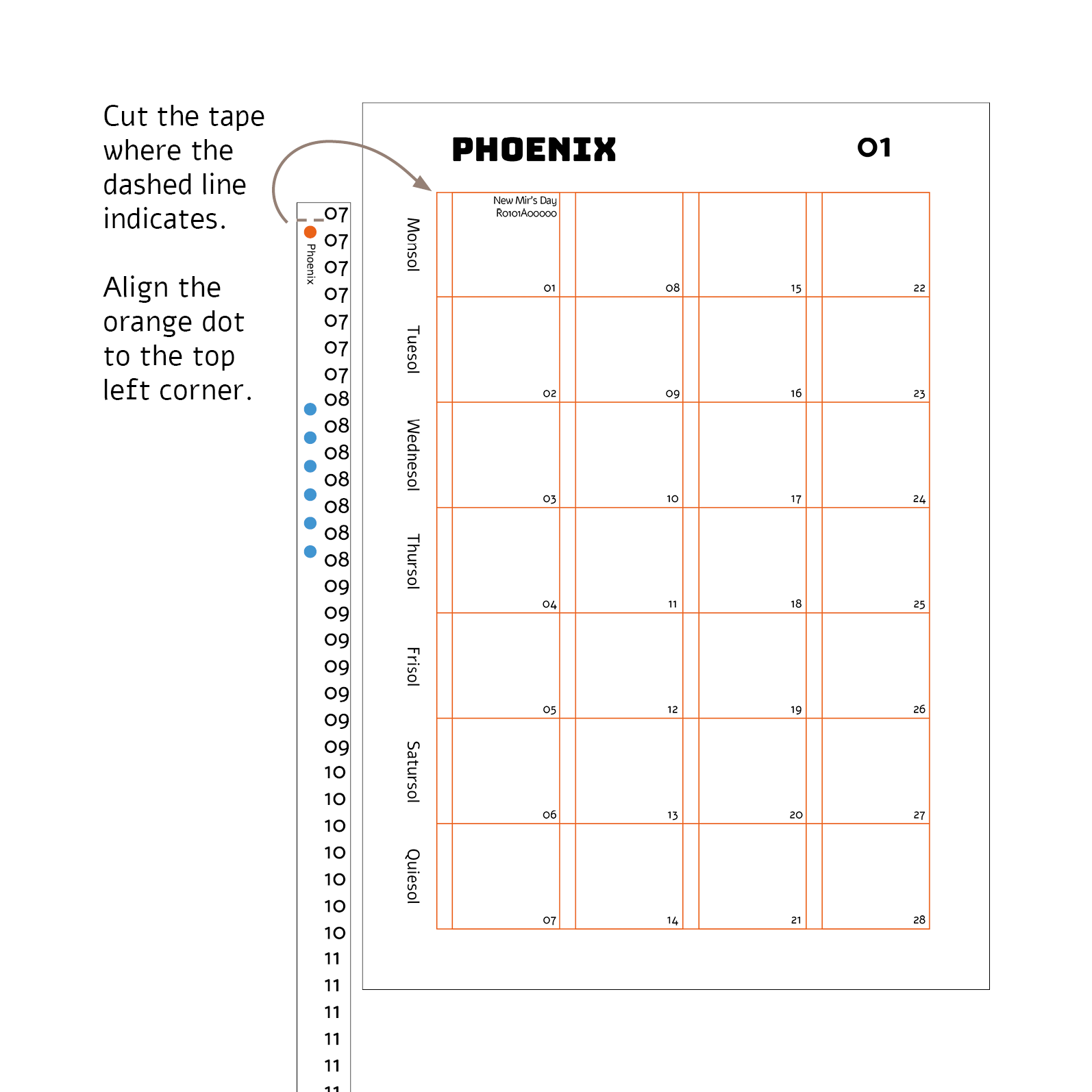 An image of the blank calendar page with the tape above it, an arrow shows where the tape should be placed.