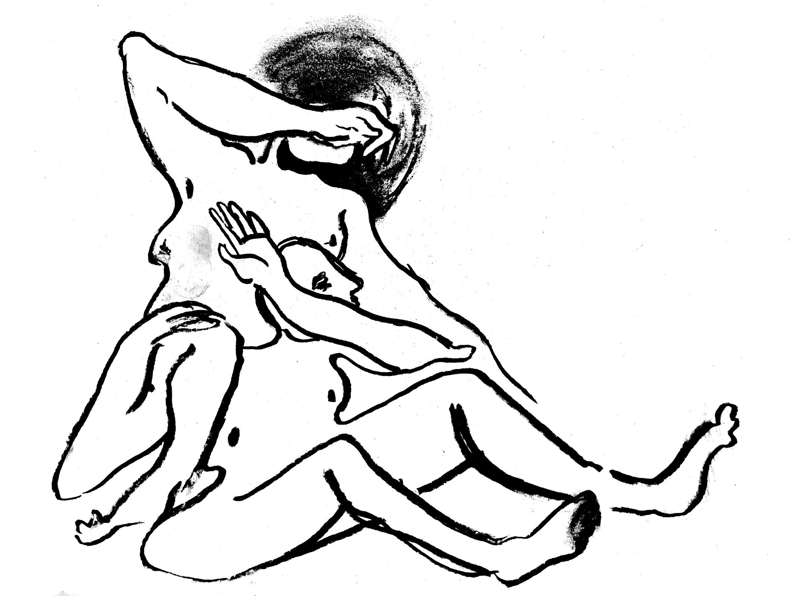 drawing of two people sitting on top of each other, one has a dark halo covering their face
