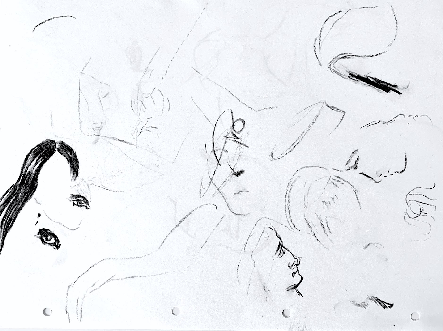 Charcoal sketch of different body parts, eyes, hair, arms, mixed with lines and strokes