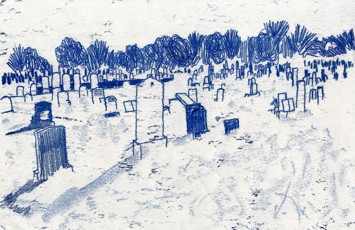 Blue on white monoprint of Edinburgh Eastern Cemetery