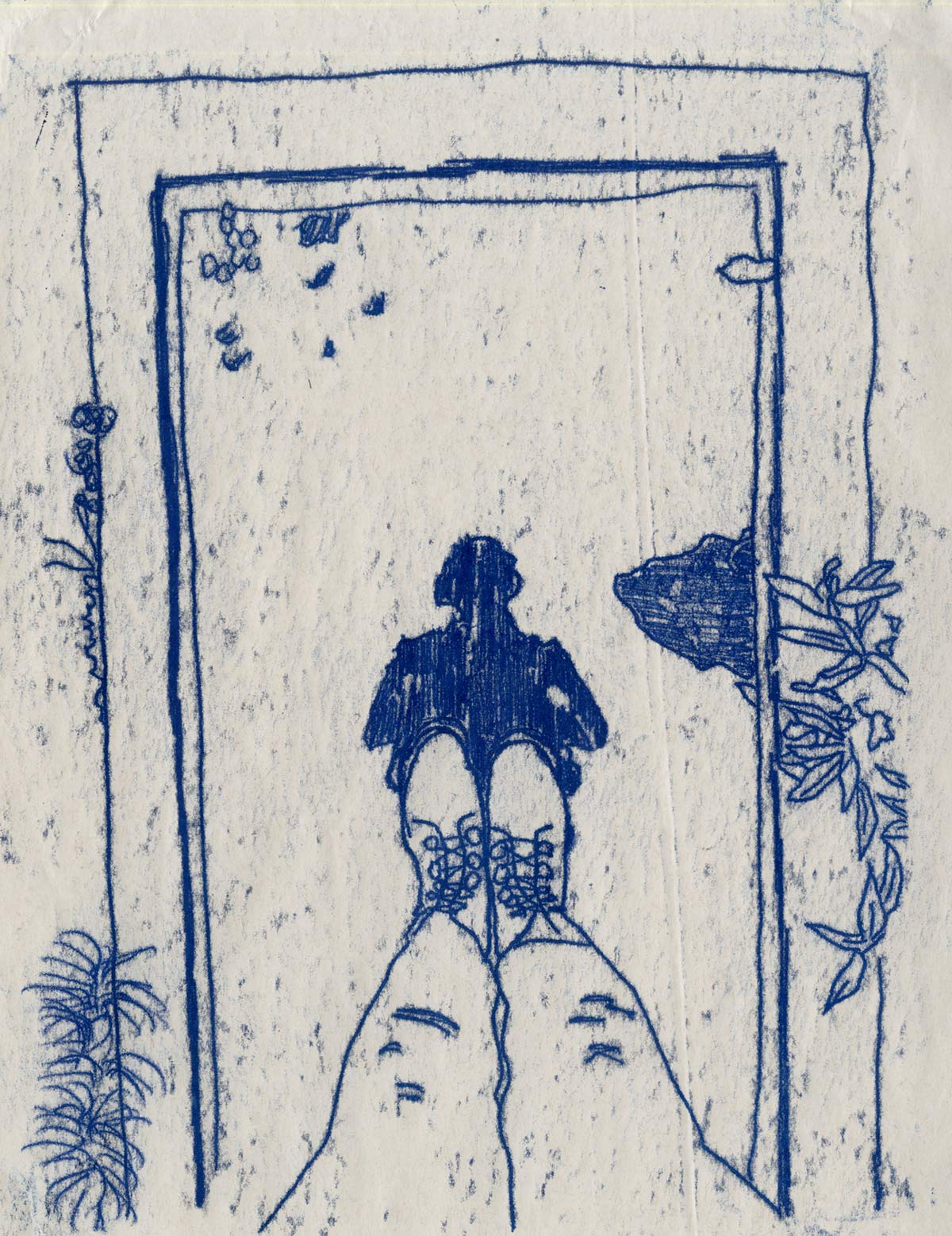 Blue on white monoprint of photographer standing on water covered reflecting headstone.