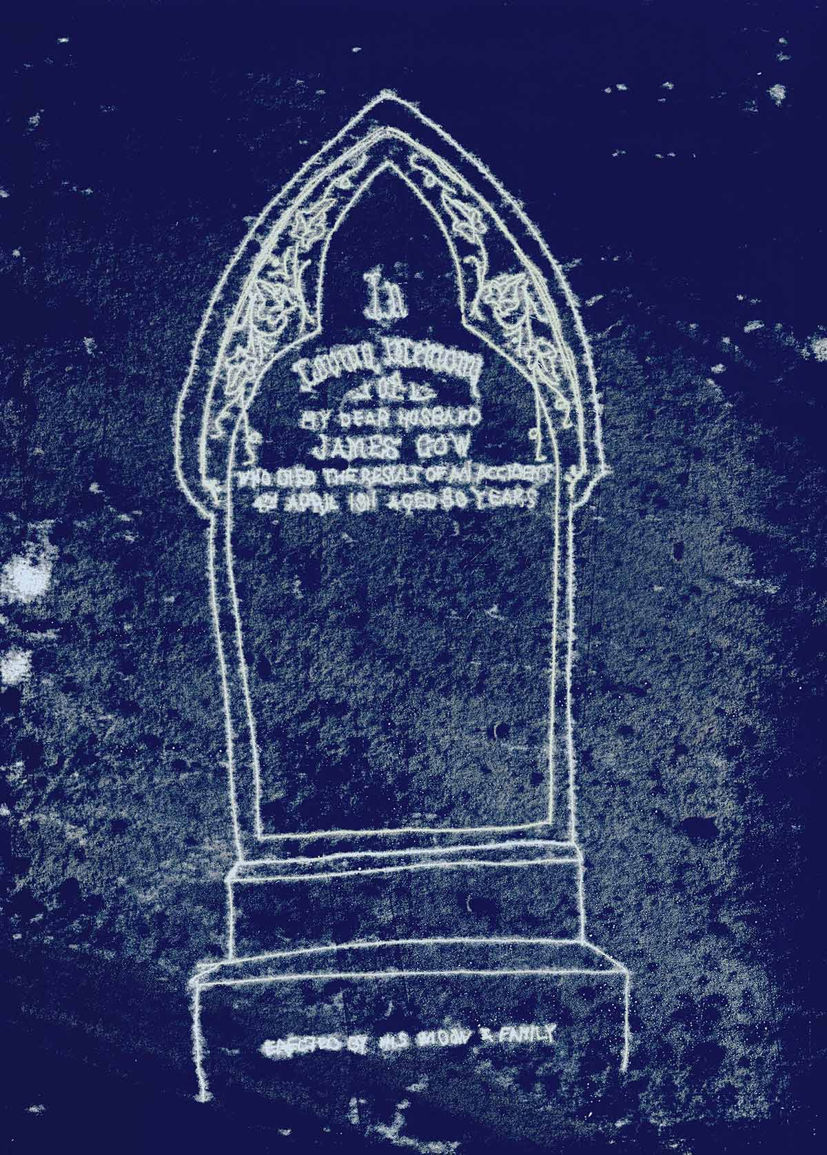 Ghost monoprint white on blue of celtic style headstone of John Gow.