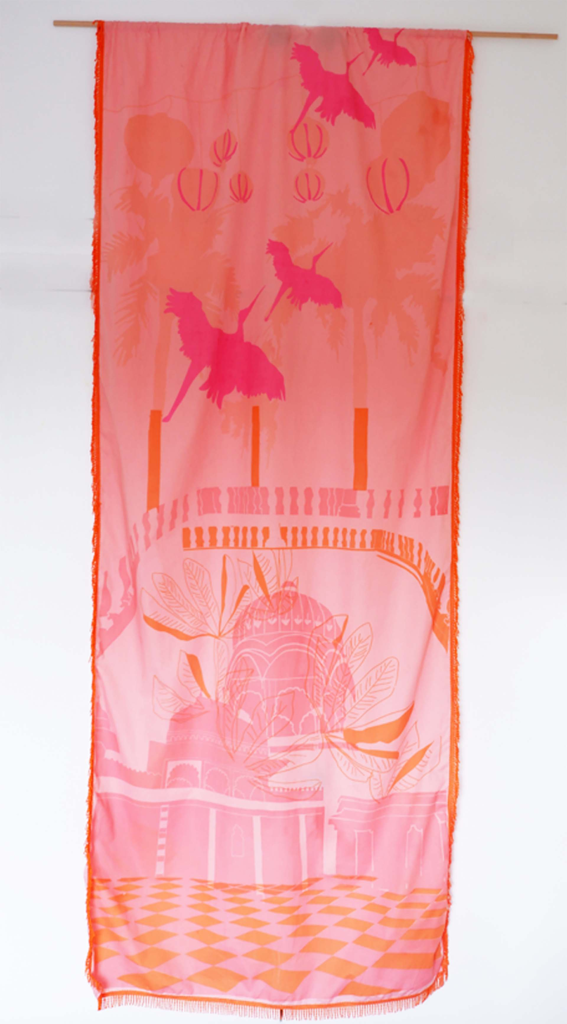 Image showing one length of the showpiece. The scene shows vast buildings with lanterns and soaring birds. This has been printed onto hand dyed cotton