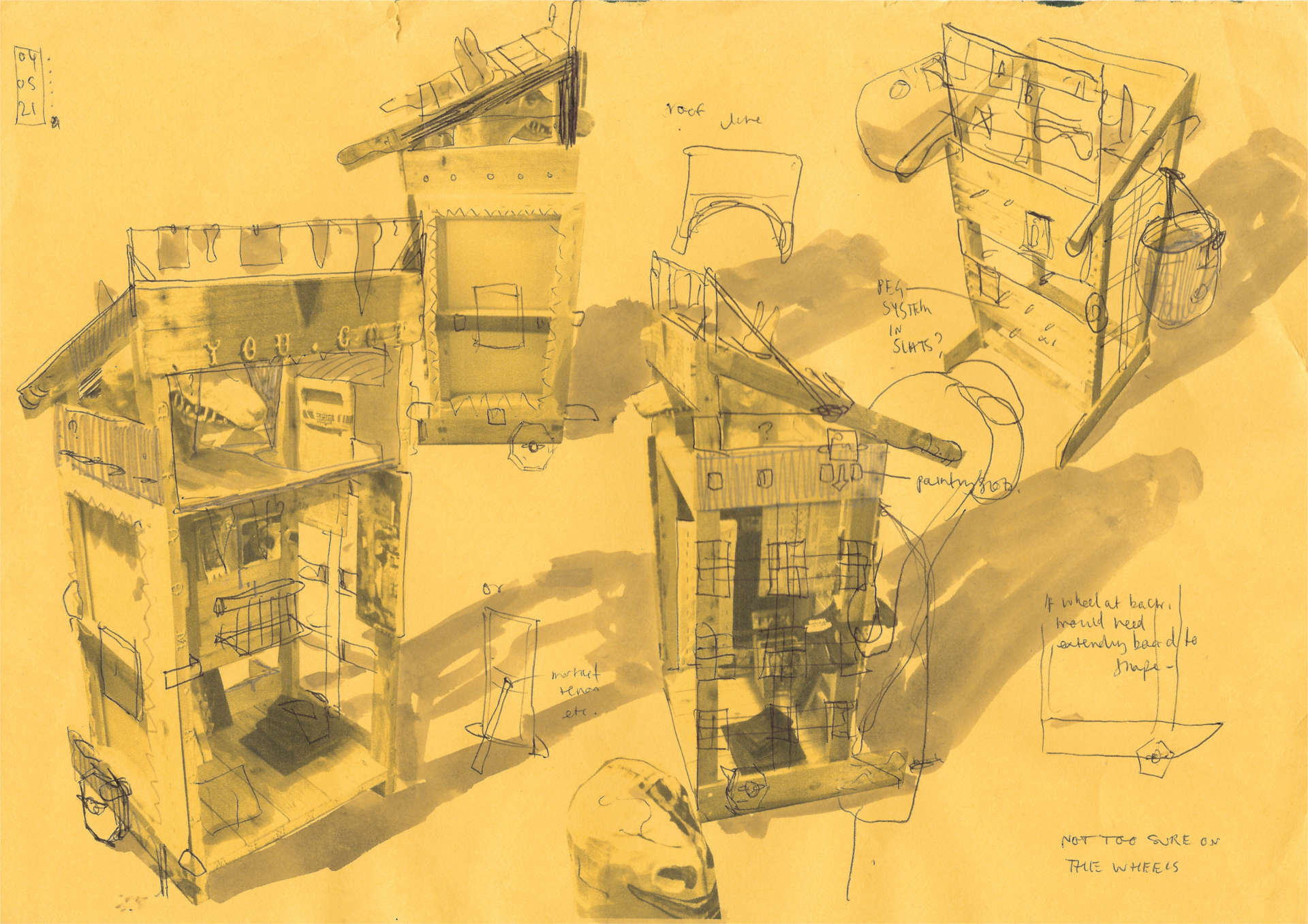 Scan of a drawing / collage showing workings out for a wooden box containing various artworks
