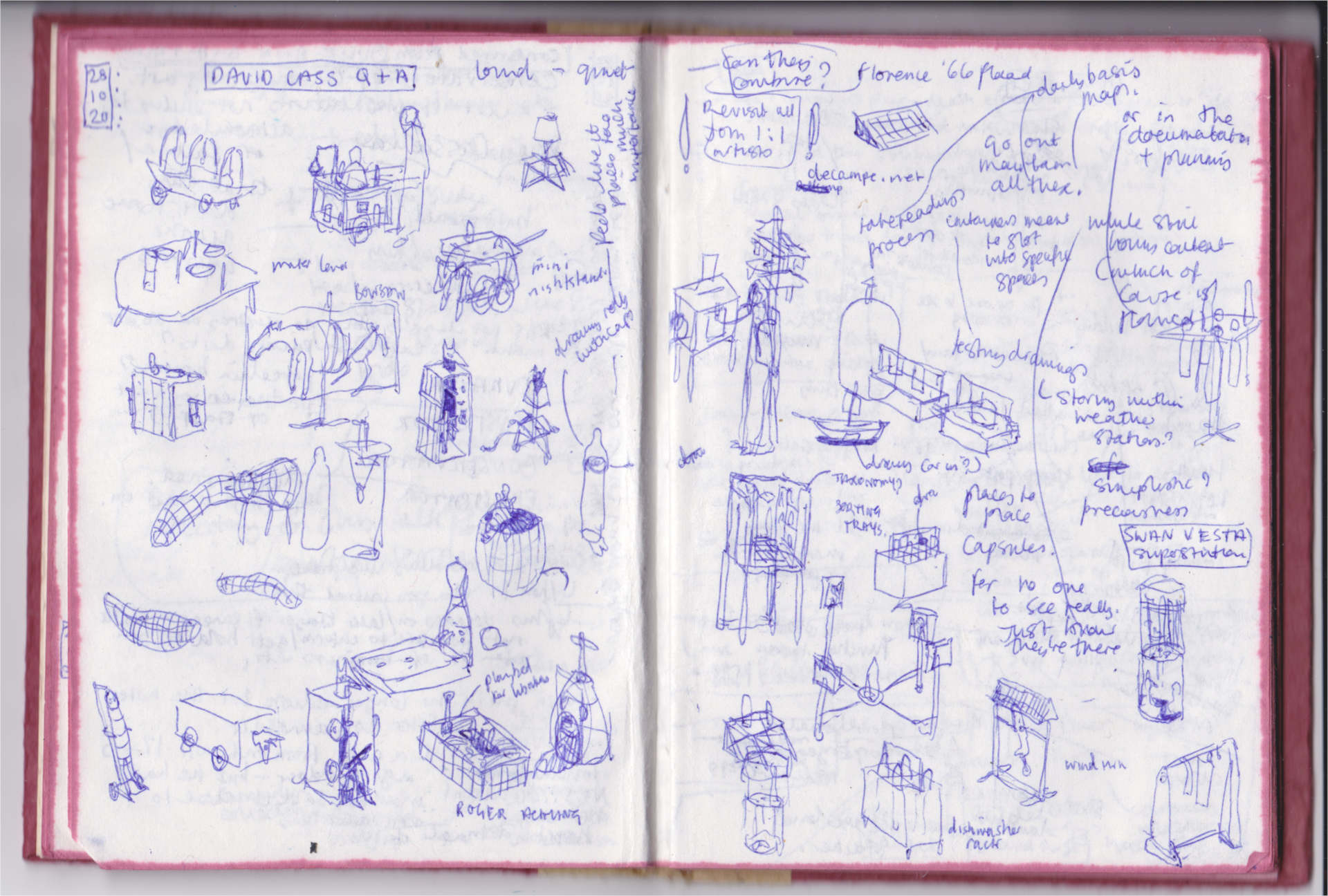 Scan of a notebook page with thumbnail drawings of various contraptions