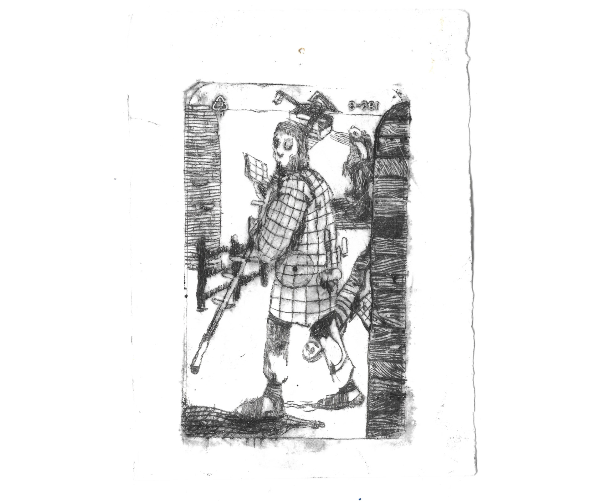 Photo of print of figure walking with contraption