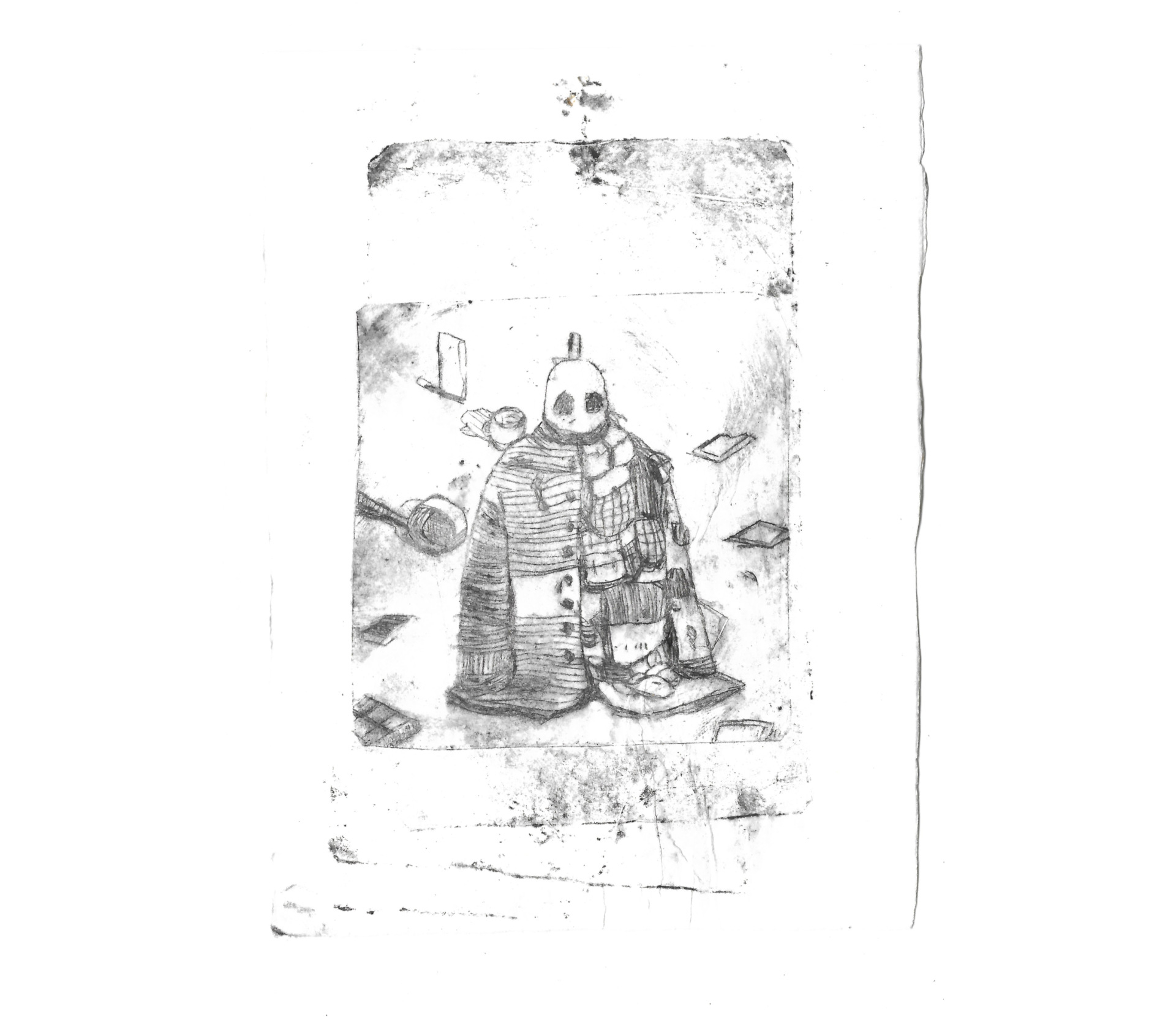 Photo of print showing a jacket and mask amongst scattered items
