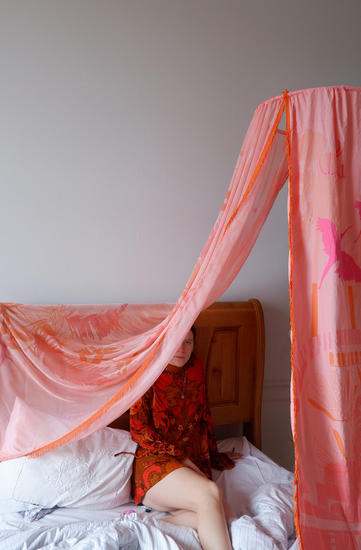 Showpiece shown in context over a bed 