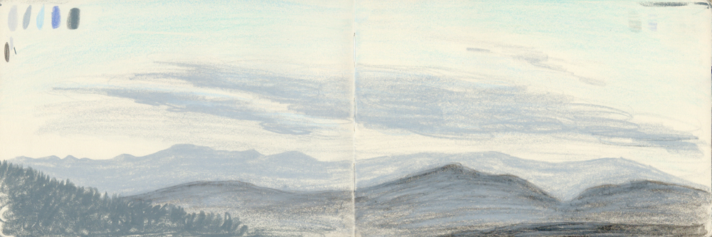 Sketchbook drawing of a dusk mountain landscape in pastel greys.