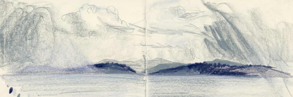 Sketchbook drawing of incoming rain obscuring the land across water in pastel blues and greys.
