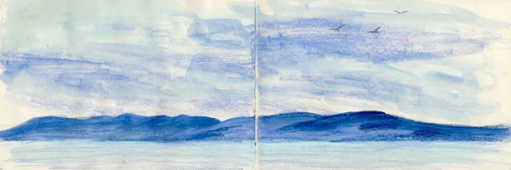 Sketchbook drawing of a blue landscape in water soluble pastels.