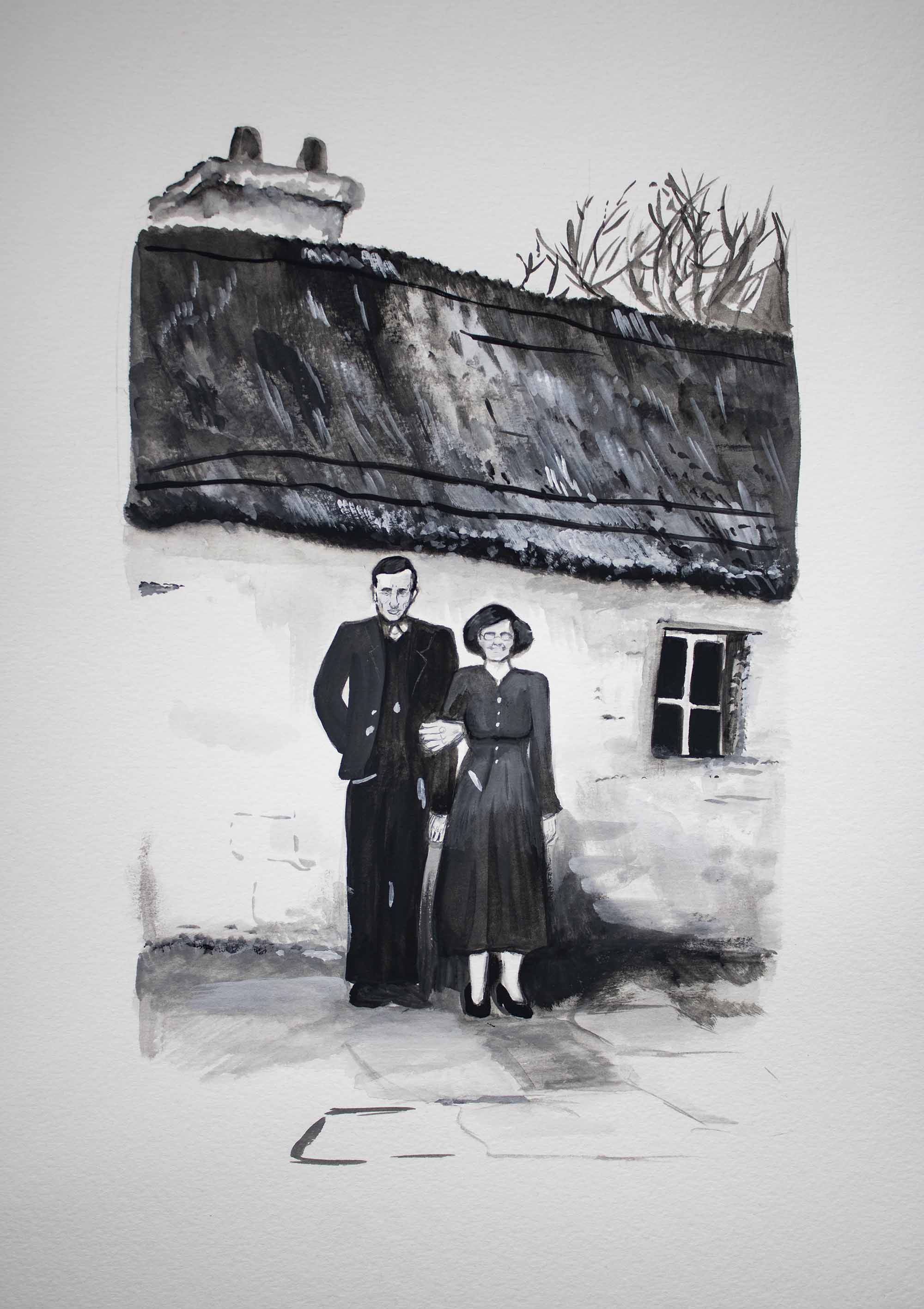 A painting of an old photograph, of a tall farmer with large, working hands named Patrick and his wife, Ellie, stood in front of their thatched cottage in Bofeenaun, Ballina, Co. Mayo