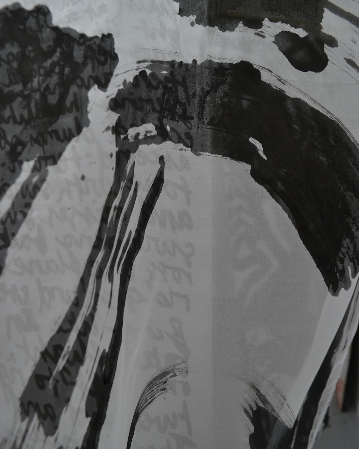 silk screen print with indian ink drawing on habotai silk 