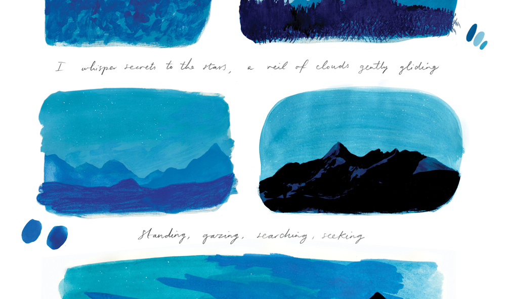 Panels of mountains at dusk, painted in blue gouache with the handwritten words 'I whisper secrets to the stars, a veil of clouds gently gliding'