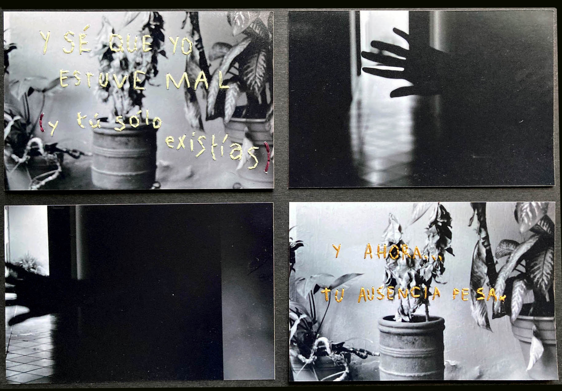 Series of analogue photographies with embroidery texts in Spanish which translates "And I know I was wrong (and you were only there)" and "And now.. your absence weights"