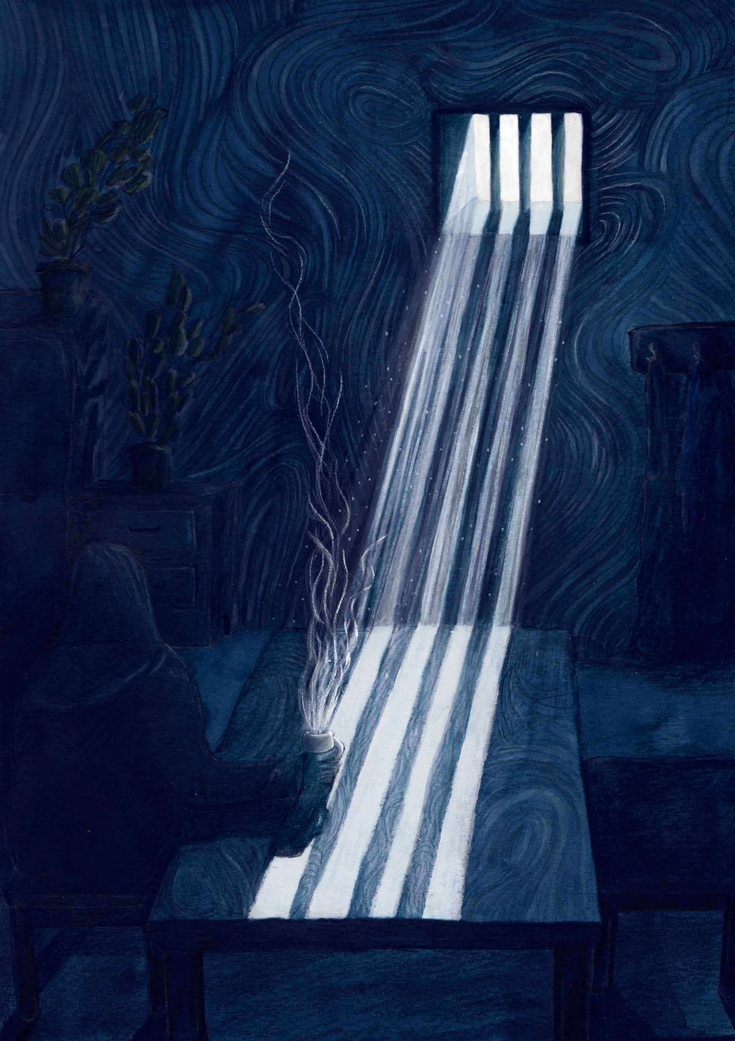 A woman sits at a table in the light of a barred window. The room is blue and dark.