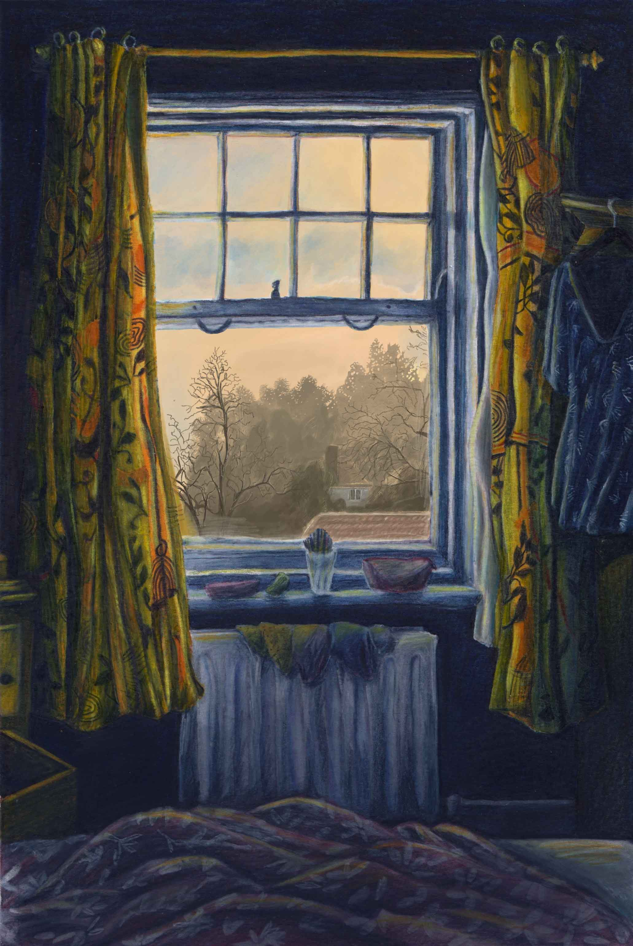 A bedroom window with orange dust light seeping into the room.