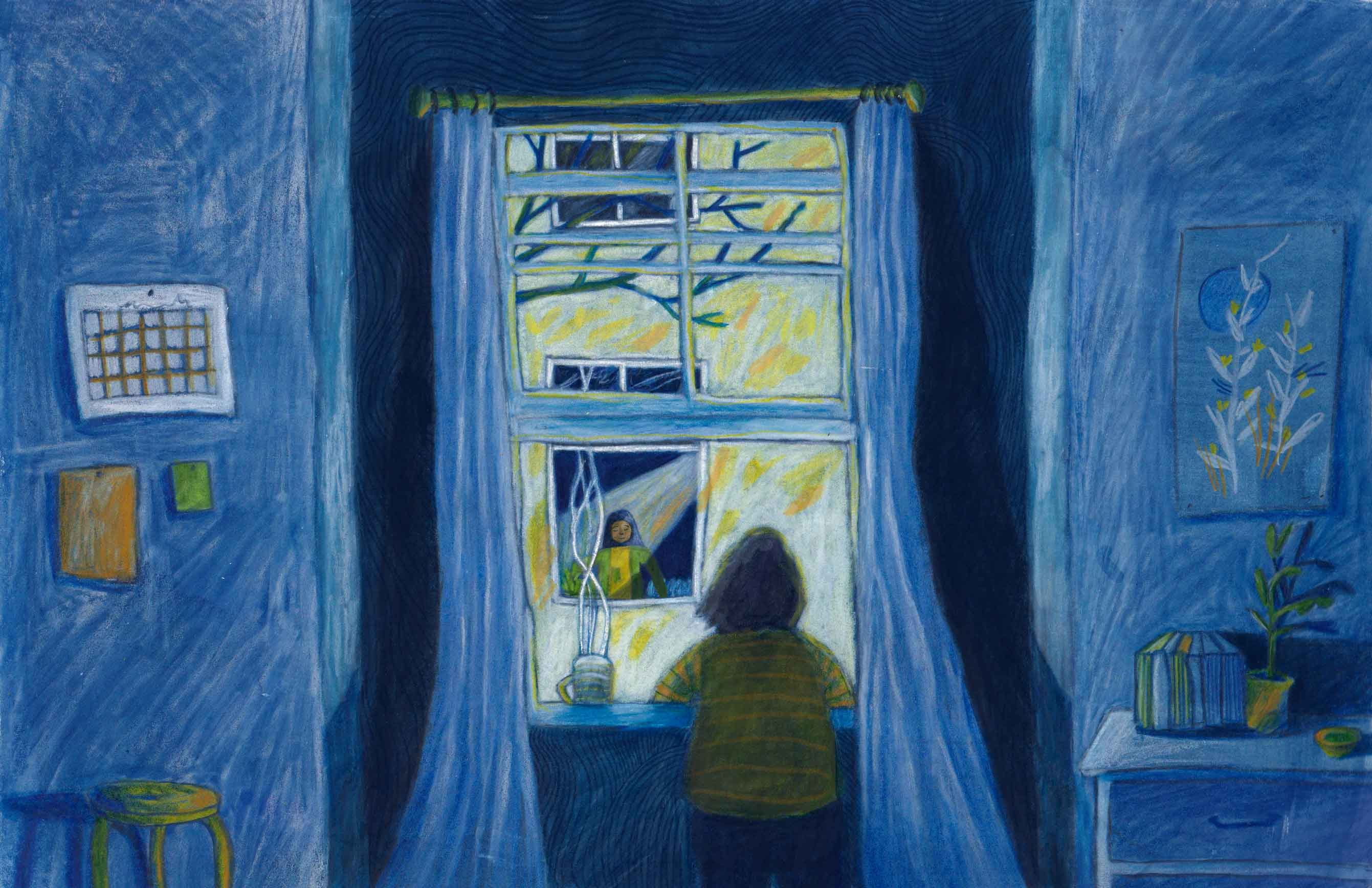 A woman stands in the window of her bedroom looking outside. She watches another woman in the window opposite. The room is dark and blue and the light outside is bright.