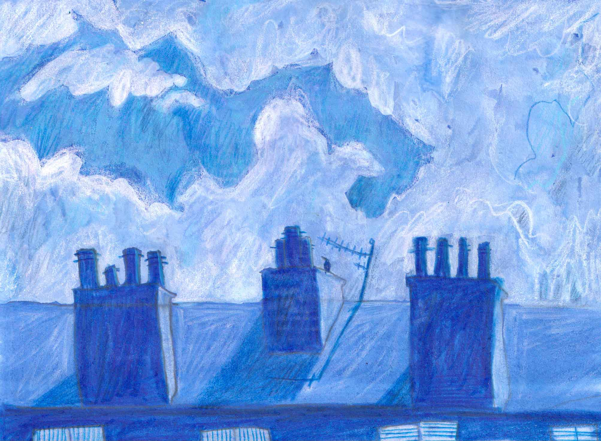 A drawing of a rooftop with three chimneys and lots of clouds. 
