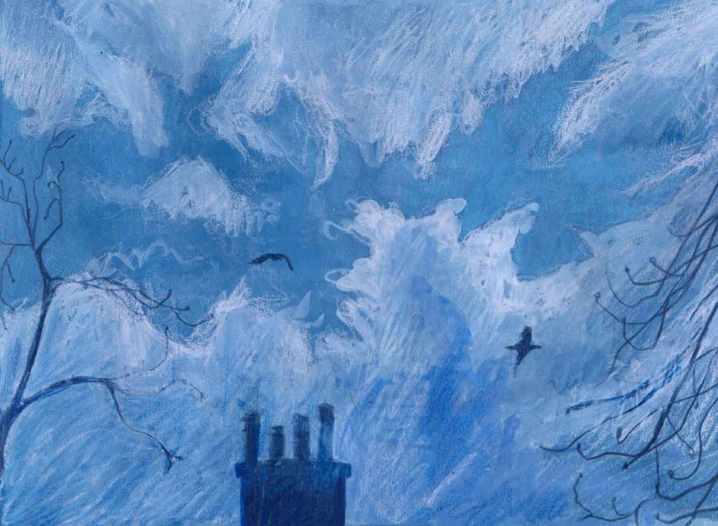 A drawing of a chimney in a wide sky punctuated by clouds and small birds flying around.