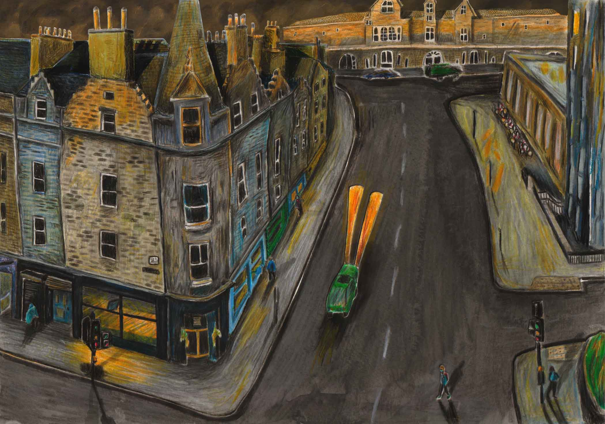 A drawing of a street viewed from above. A car travels down the street with headlights on. The sky is dark and stormy. 