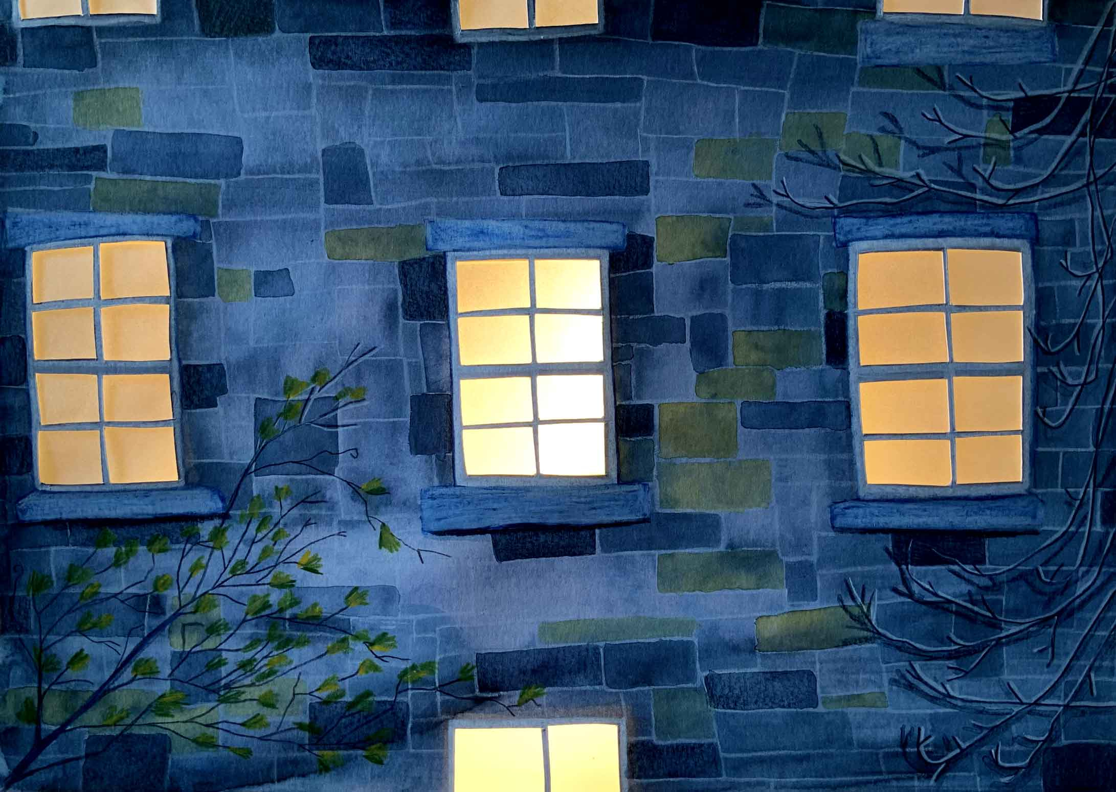 A drawing of windows at night. The light from the windows shines warmly in the dark.