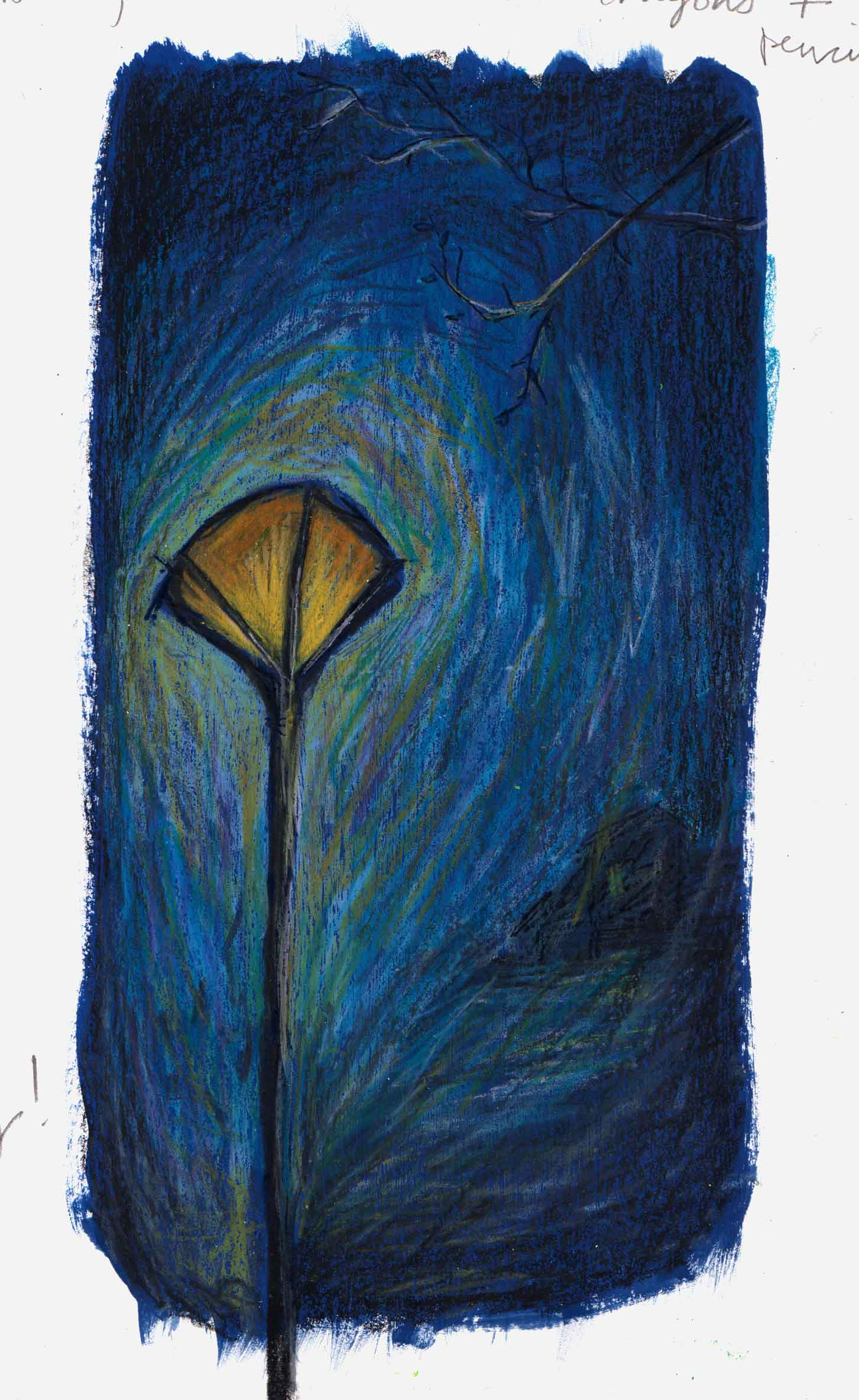 A drawing of a street lamp at night. The sky is dark blue. 
