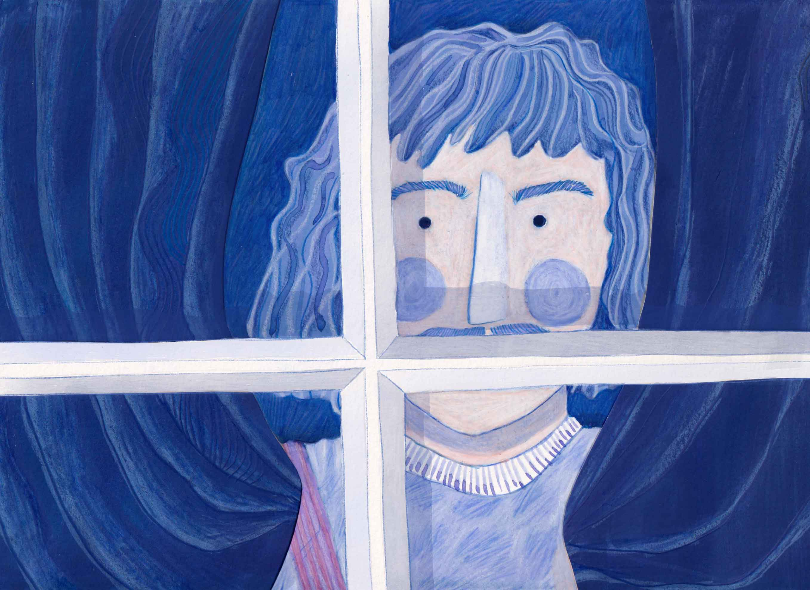 A man looks out his window. He holds the curtains up to his face, ready to close them. 