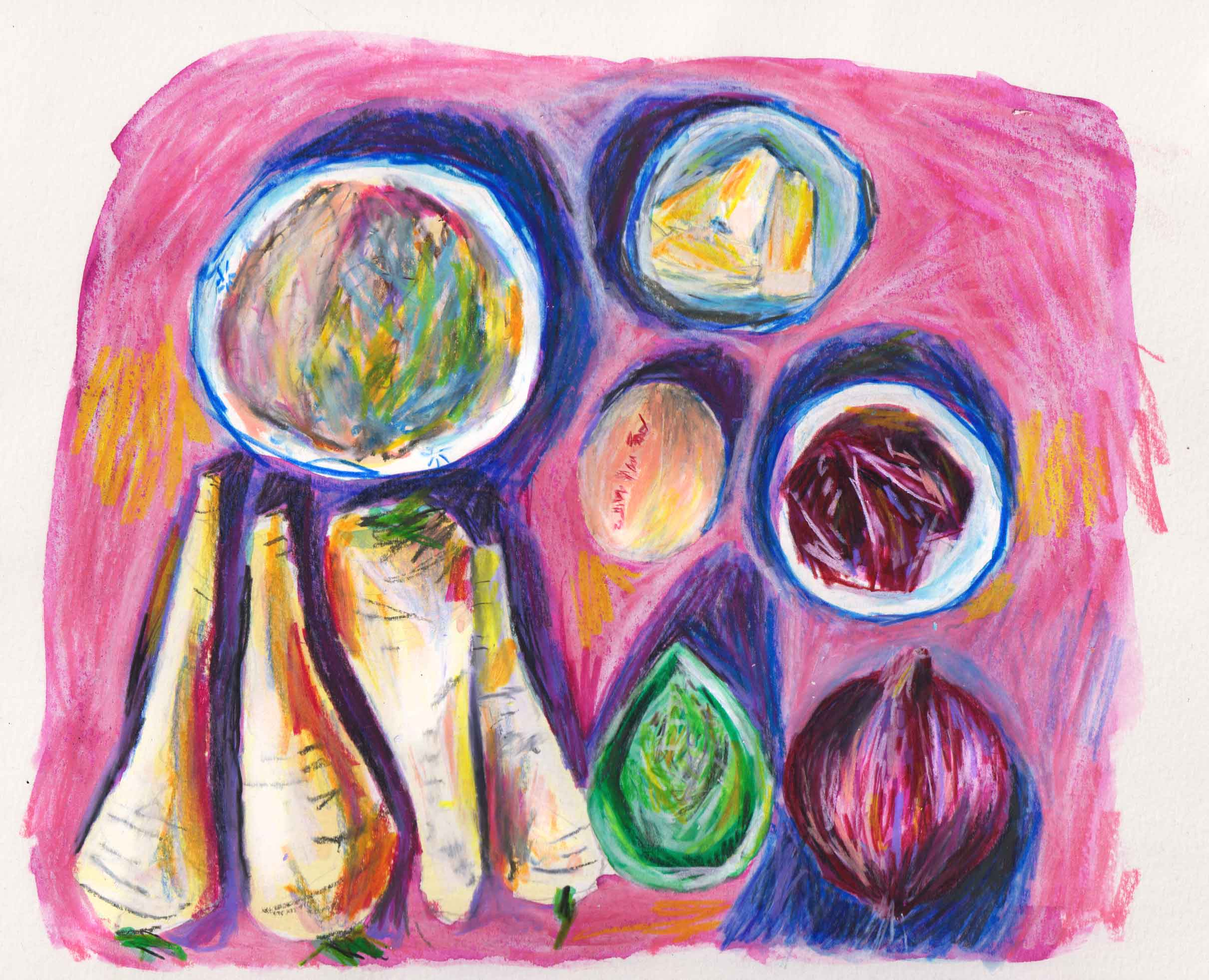 A drawing of ingredients ready to be cooked.  They lie on a pink background.