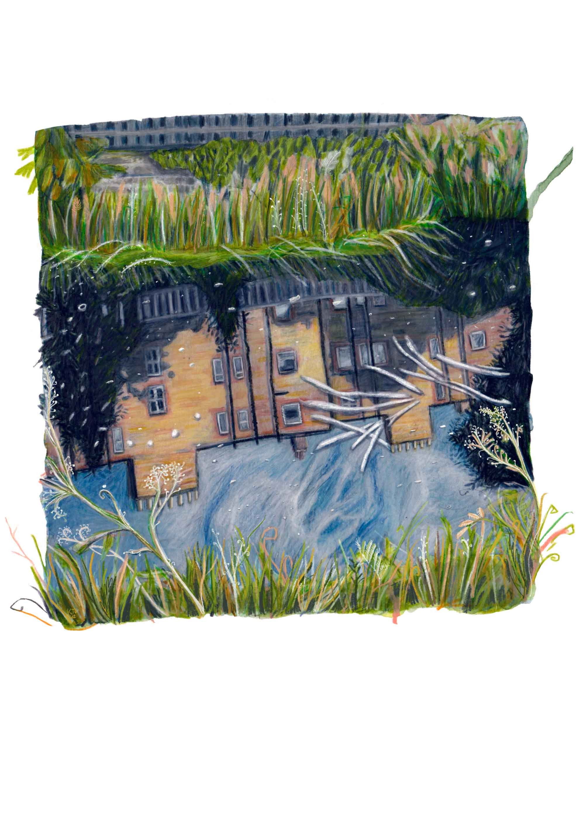 A drawing of a reflection of a house in a canal. The sky is blue and grass there is grass surrounding the water.