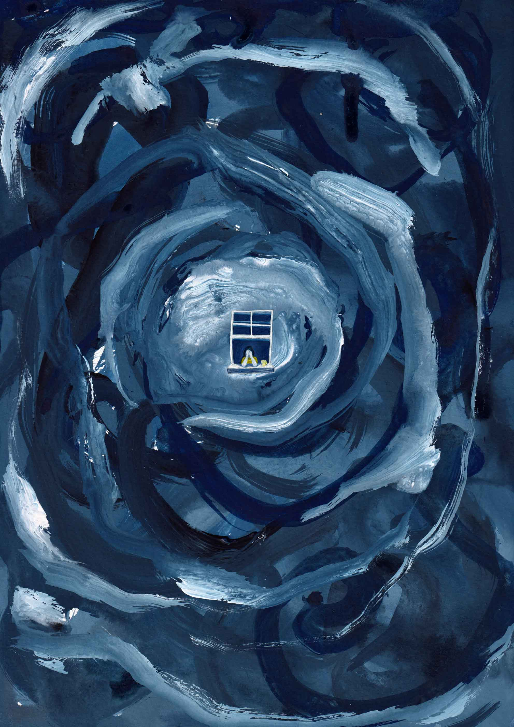 A drawing of a small window in a vortex of dark blues and greys.