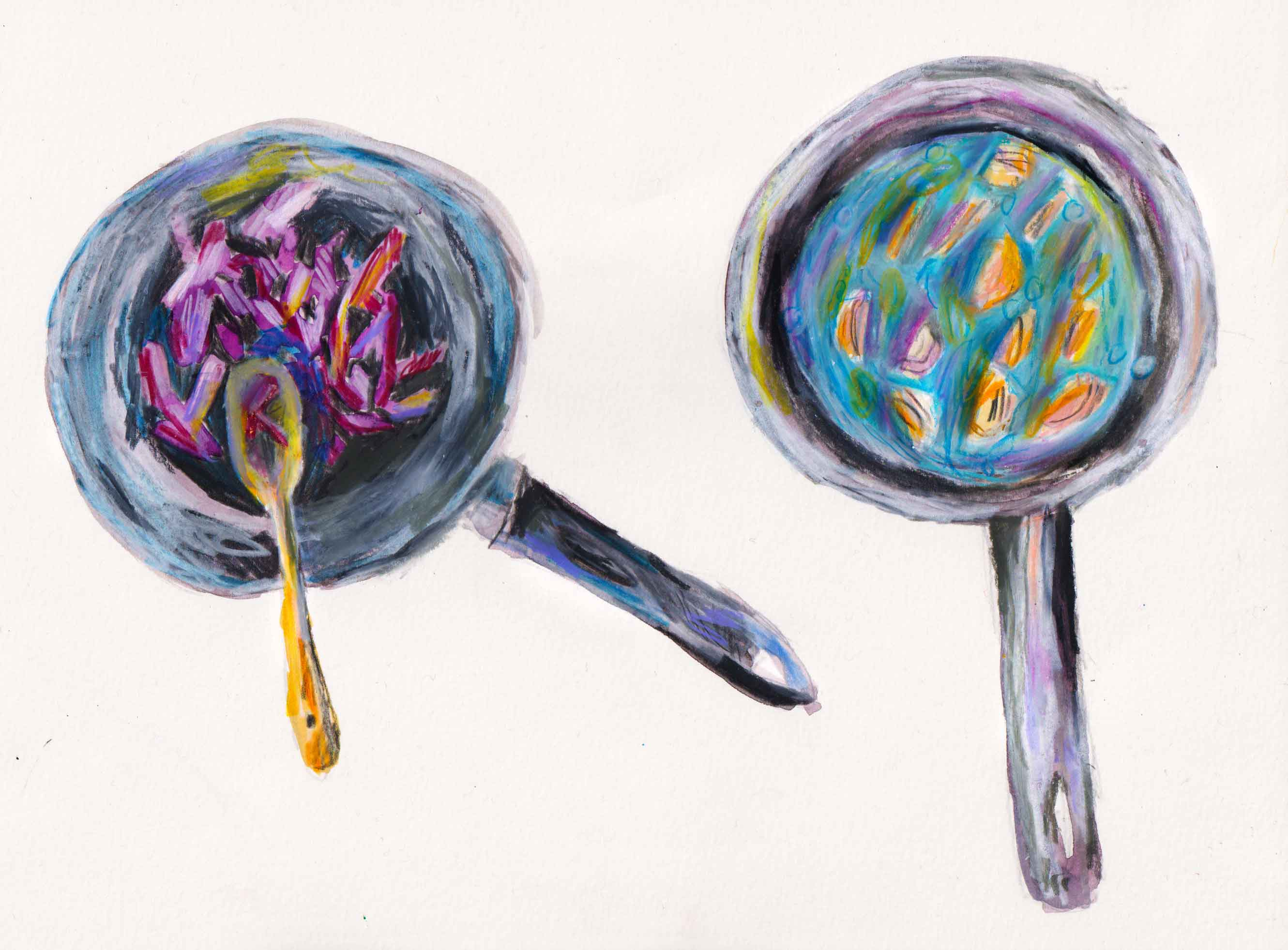 A drawing of two frying pans containing food being cooked. 