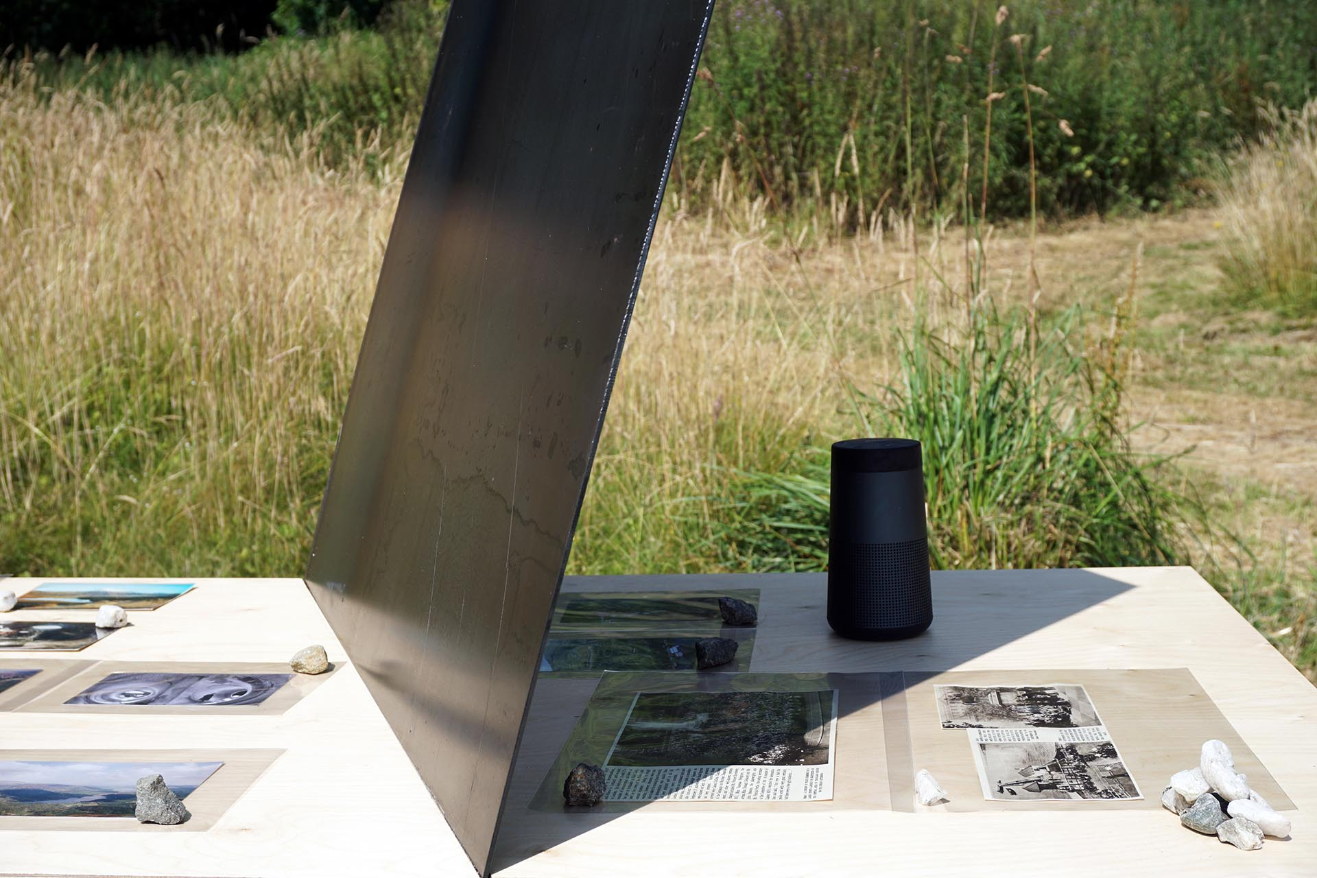 a side view of the table in this shot the steel reflects some of the wild flowers and grass as the sun hits against it. there is also a speaker in this picture that is placed beside the steel to create an acoustic experience 