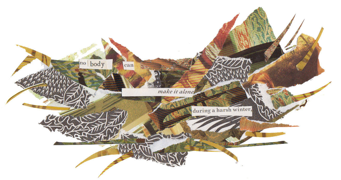 A collaged image of a nest with words collaged onto it, reading "Nobody can make it alone during a harsh winter"