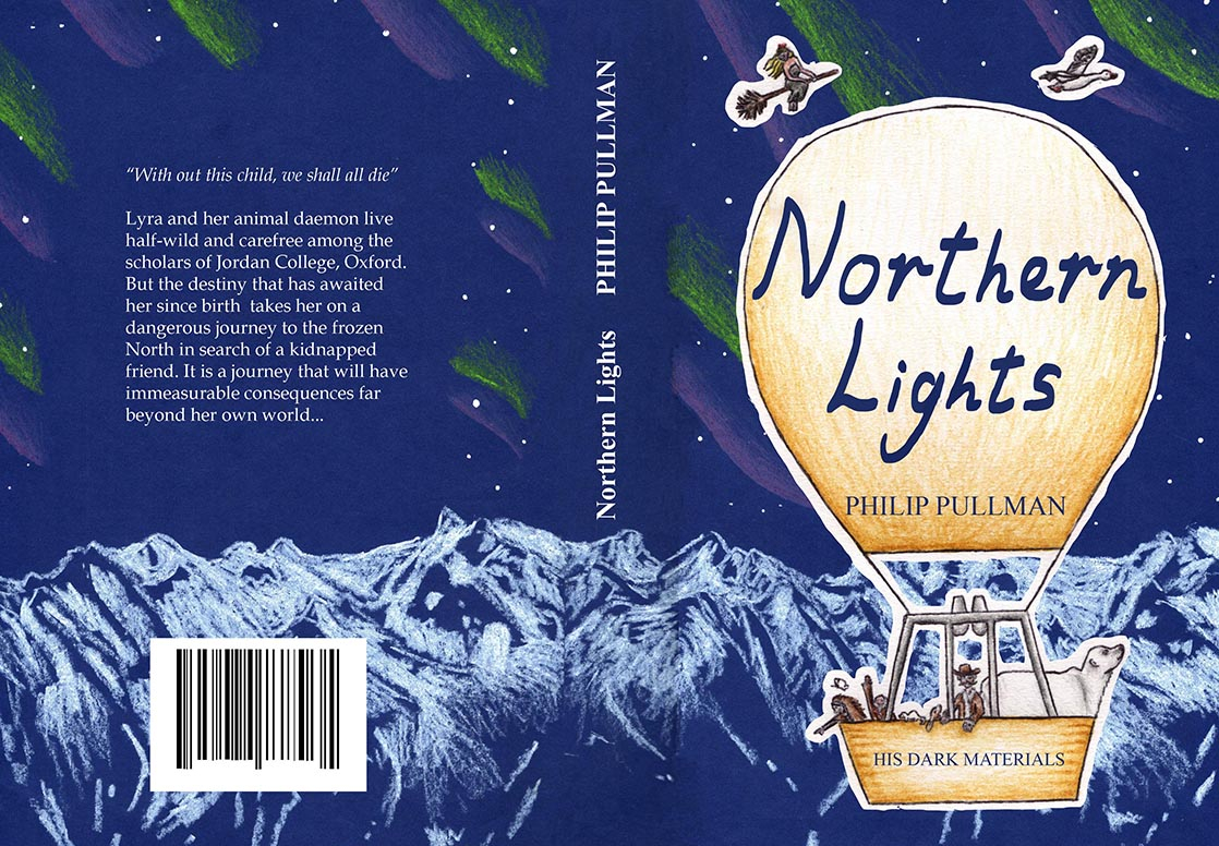 A dark blue background with pink and green Northern Lights at the top and white mountains towards the bottom. On the right-hand side there is a hot air balloon with characters and animals in the basket, with a witch on a broomstick and snow goose flying above. 