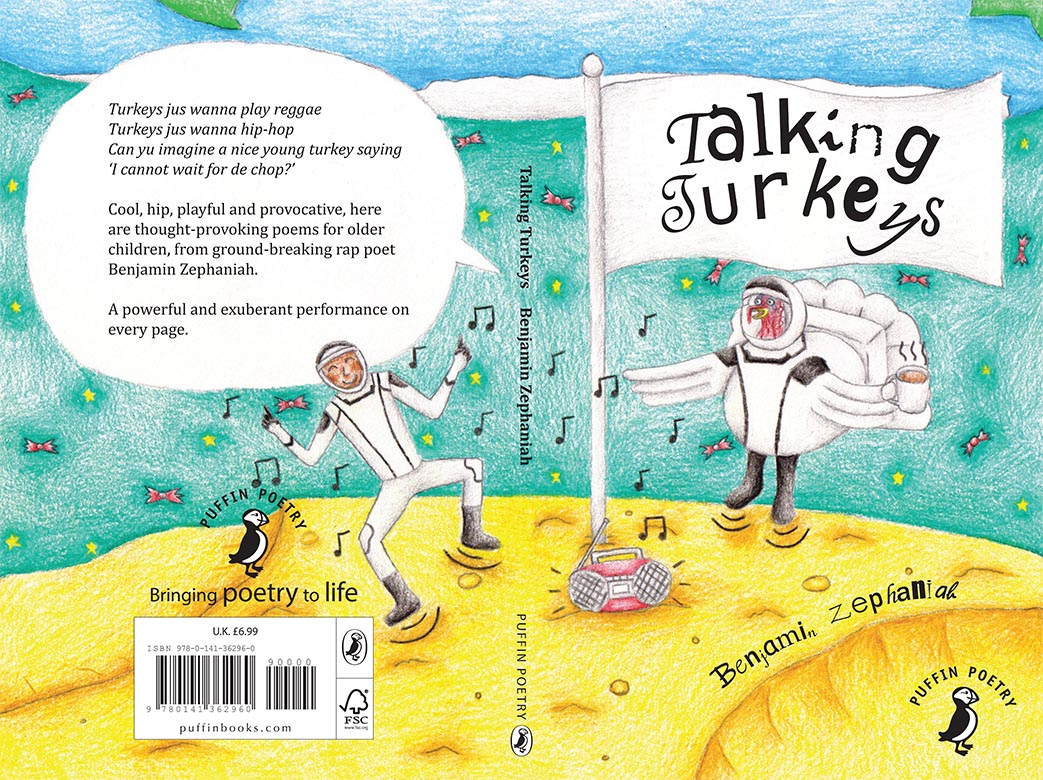 A spaceman and turkey in a spacesuit happily listening to music on the moon. The Earth is above them and the background is a blue-green sky with stars and sweets floating in it. 