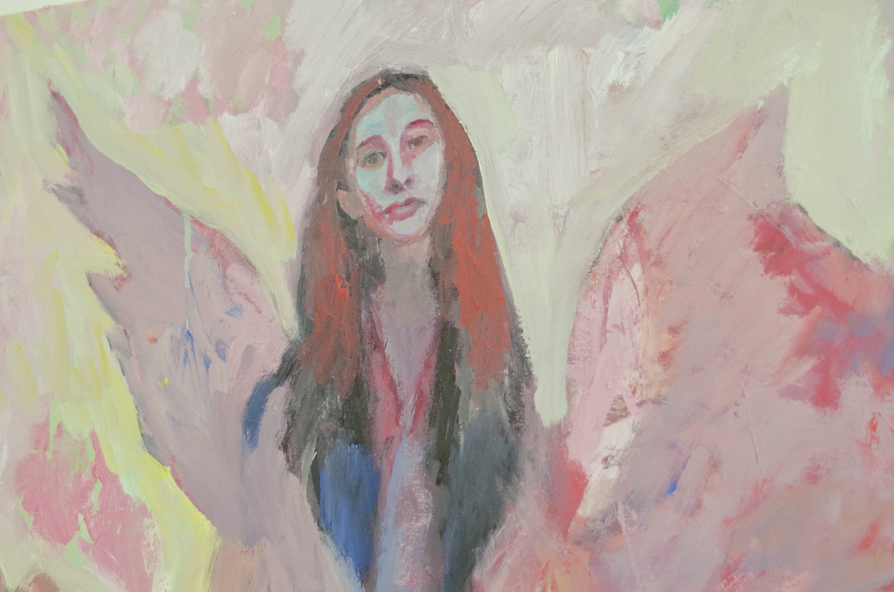 close up of face of self-portrait in bright colours