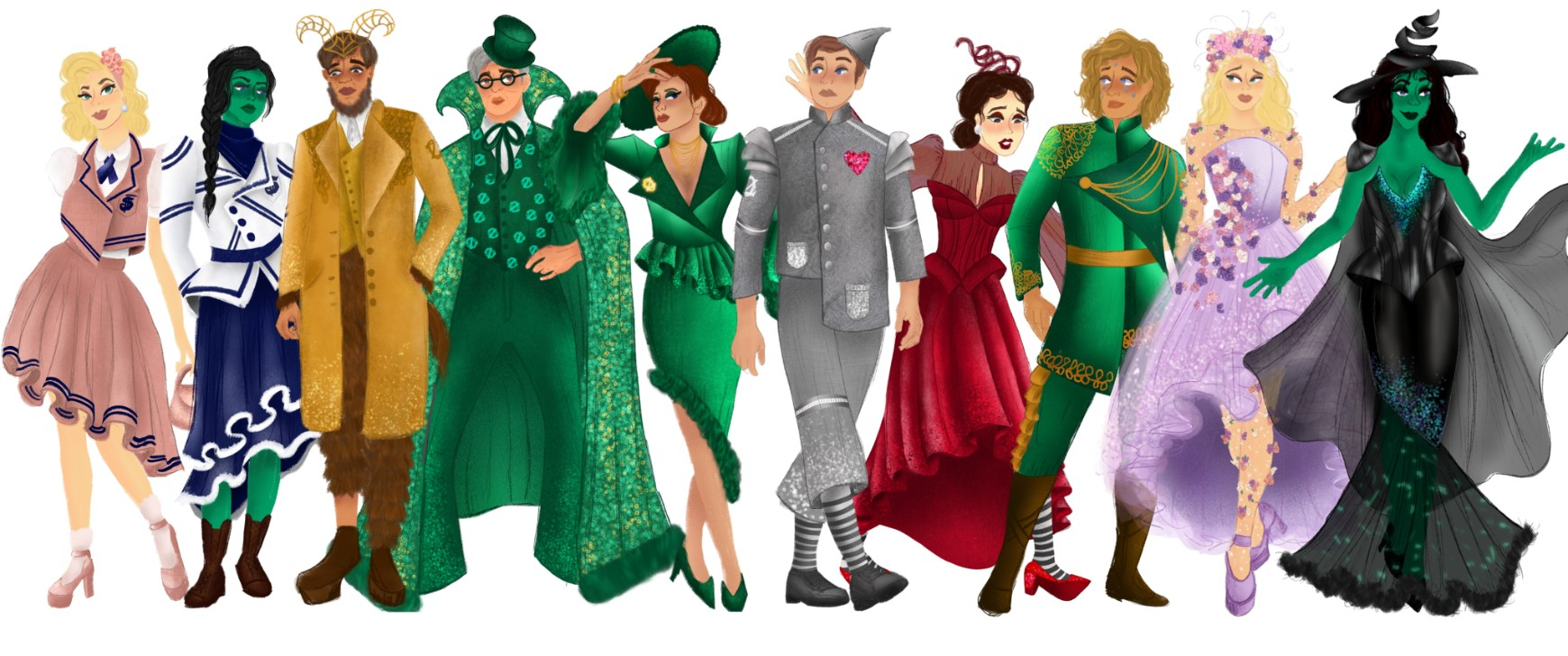 Lineup of all 10 characters from Wicked the musical