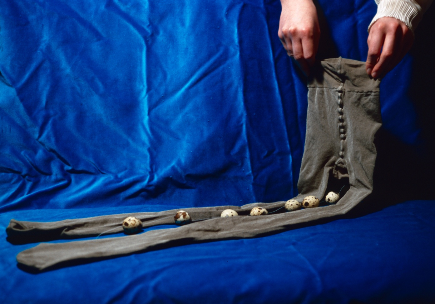 A pair of tights modified to be linked to a string of eggs