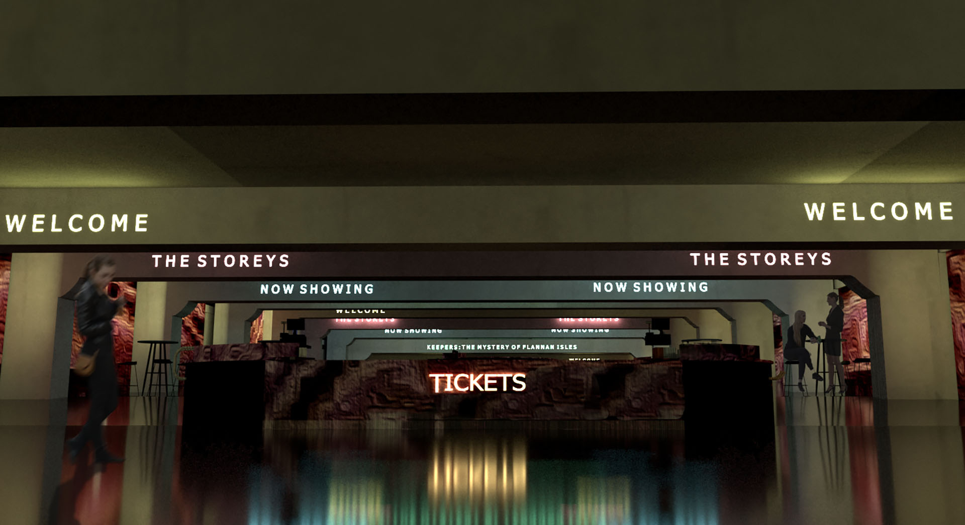 A single point perspective looking at the foyer of the theatre space. Neon signage is seen from the low hanging beams and a ticket booth is featured in the centre.