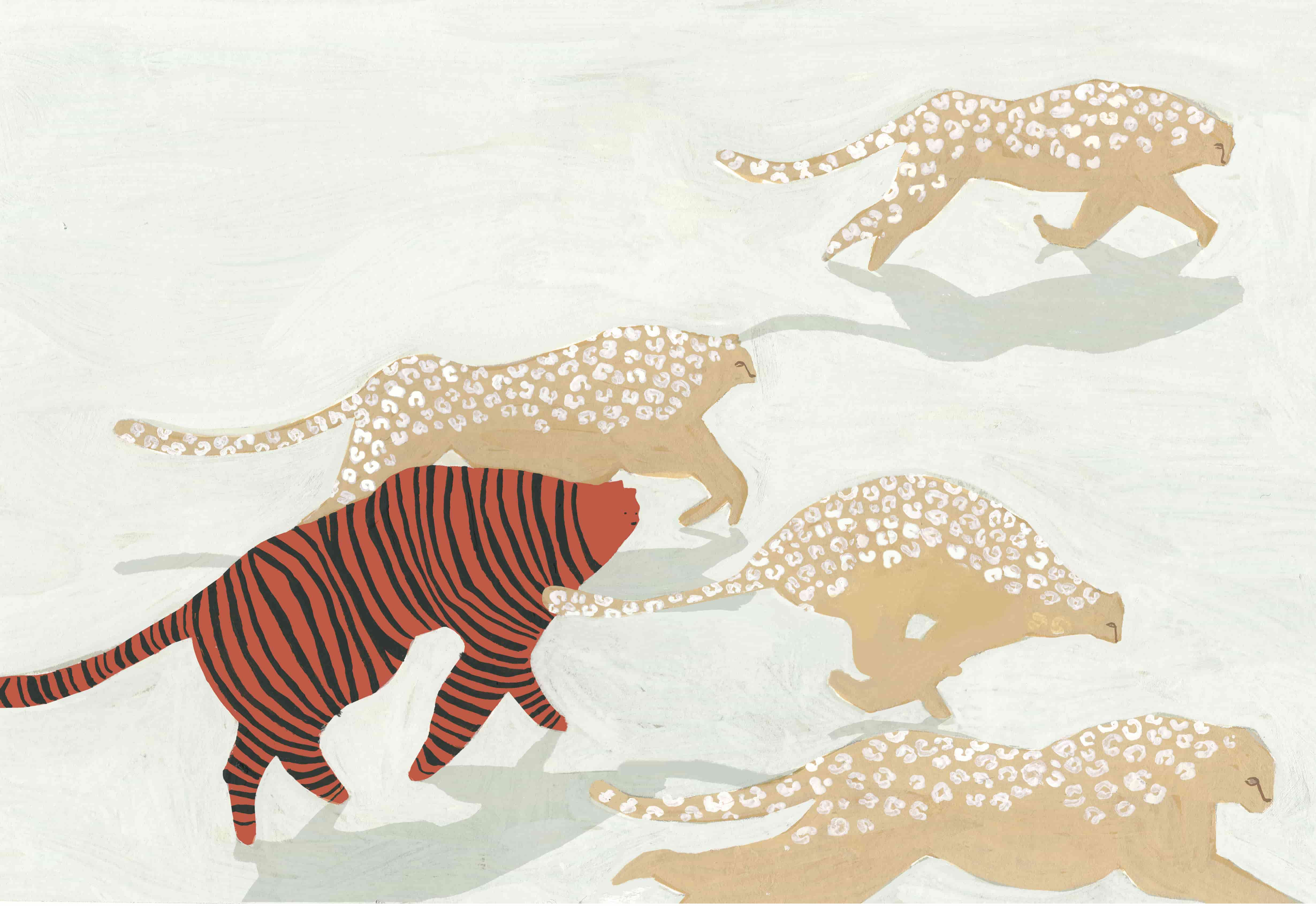 Painting of some cheetahs and a tiger running on pale green background