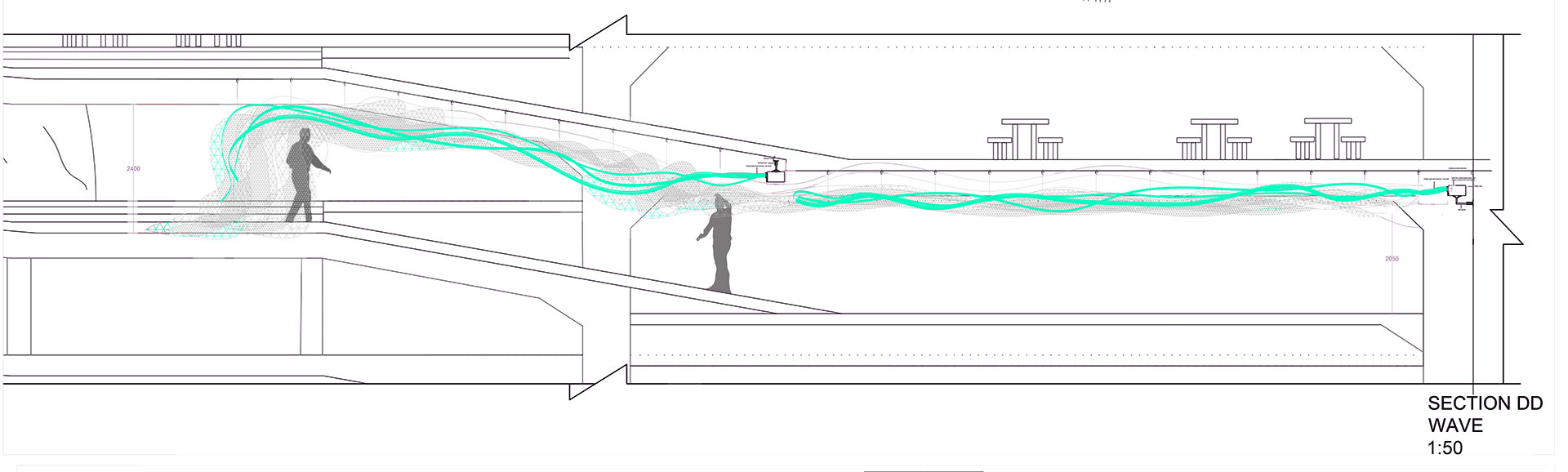 A section through a building is shown. The floor slopes down from the left, with a wave feature drawn on the ceiling. 