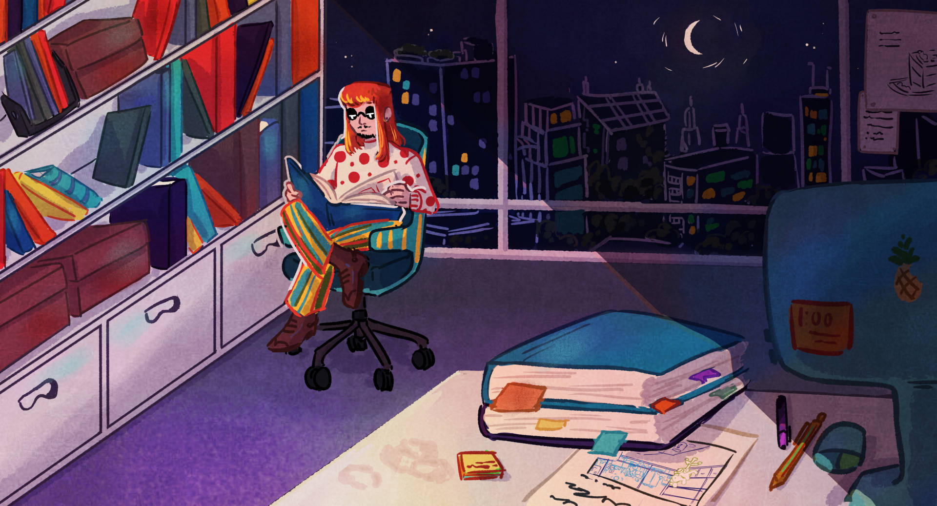 an illustration of a nightime office with large windows showing a city. There is one architect still working, they've rolled their office chair over to a shelf and pulled a book down to read though.