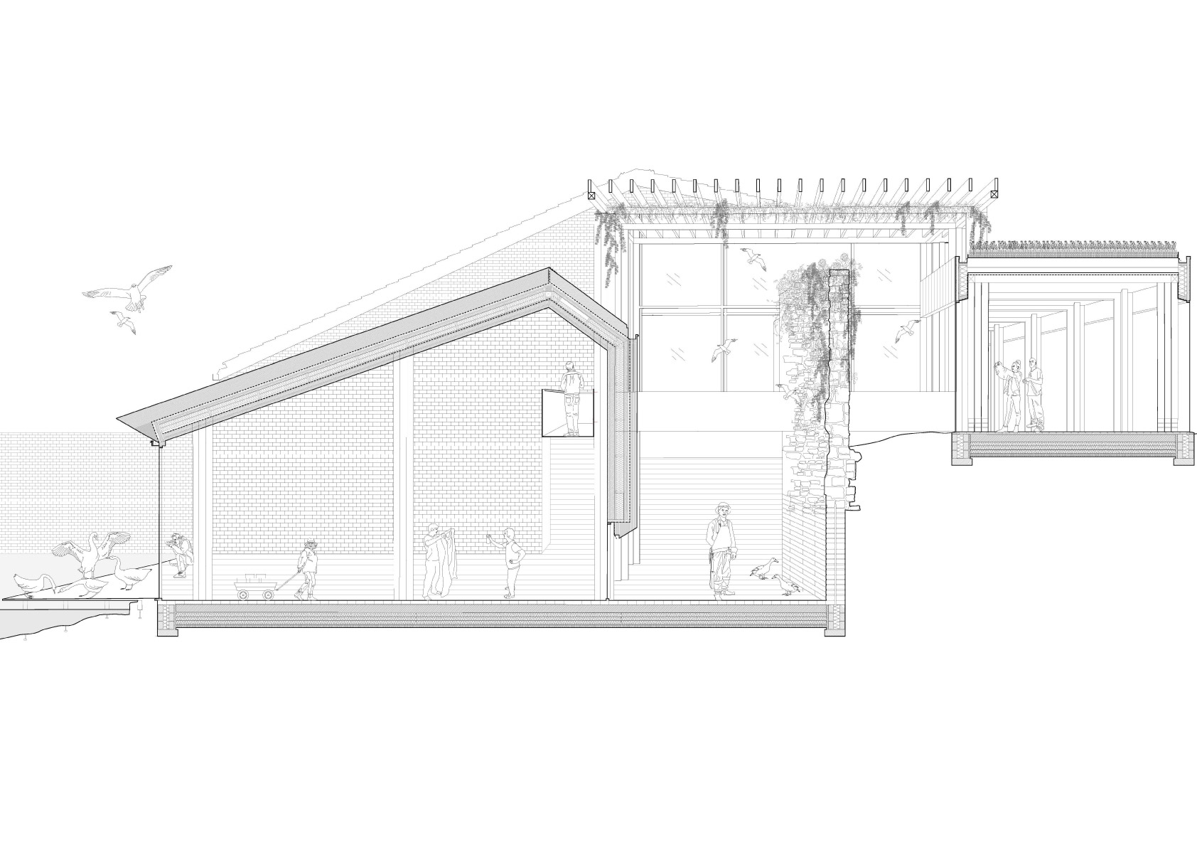 Principal section through thatched workshop